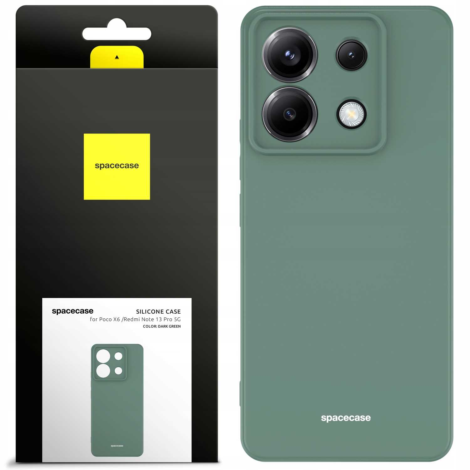 Ciemnozielone etui na telefon obok pudełka, prezentujące markę Spacecase.