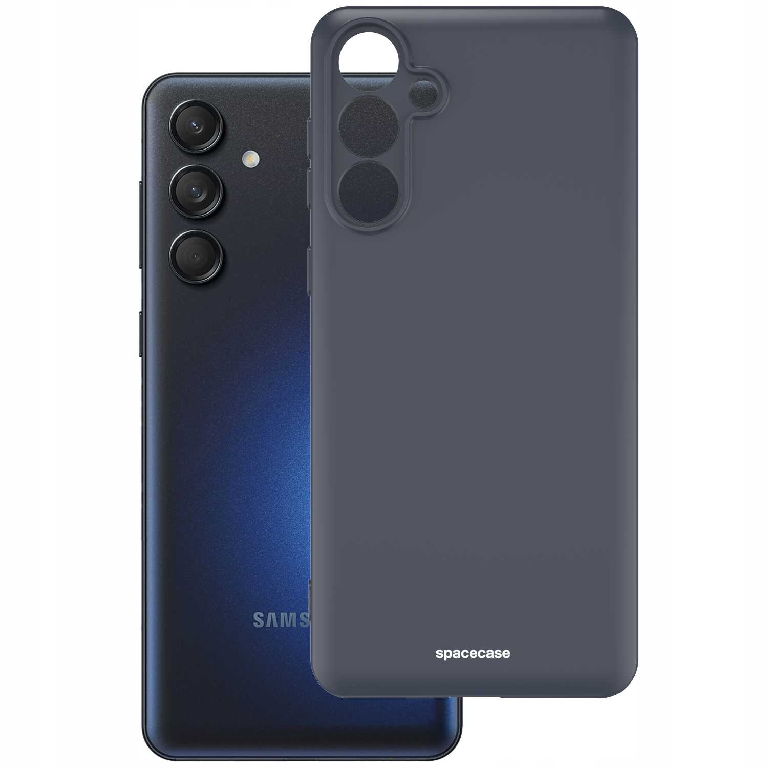 Ciemnoszare etui na telefon obok telefonu Samsung, pokazujące wygląd i dopasowanie etui.