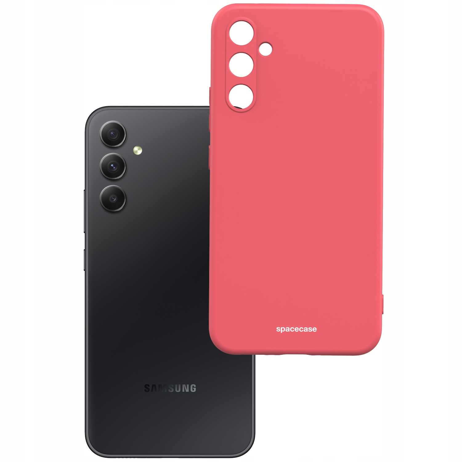 Czerwone etui na telefon umieszczone obok czarnego telefonu Samsung, pokazujące wygląd i dopasowanie.