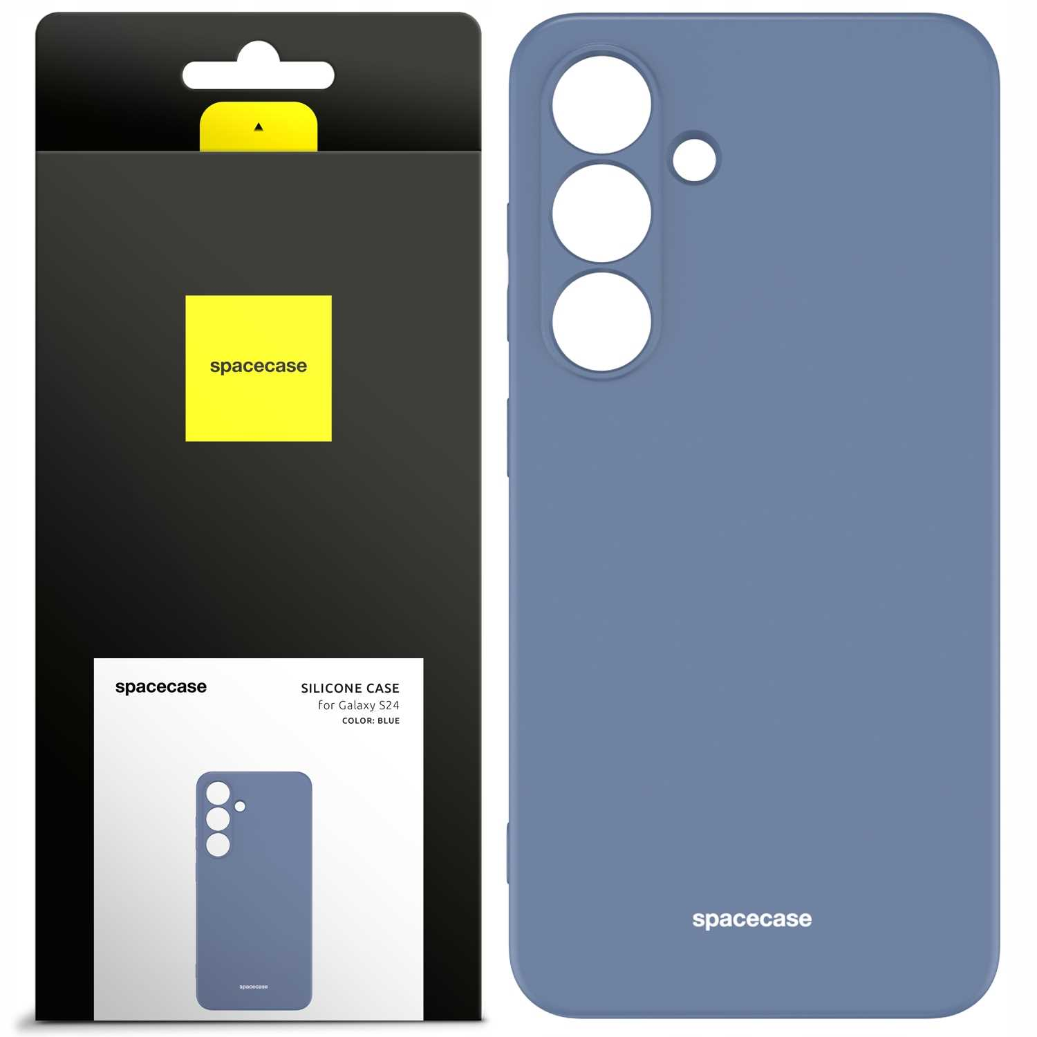 Niebieskie etui na telefon obok pudełka, prezentujące markę i design Spacecase.