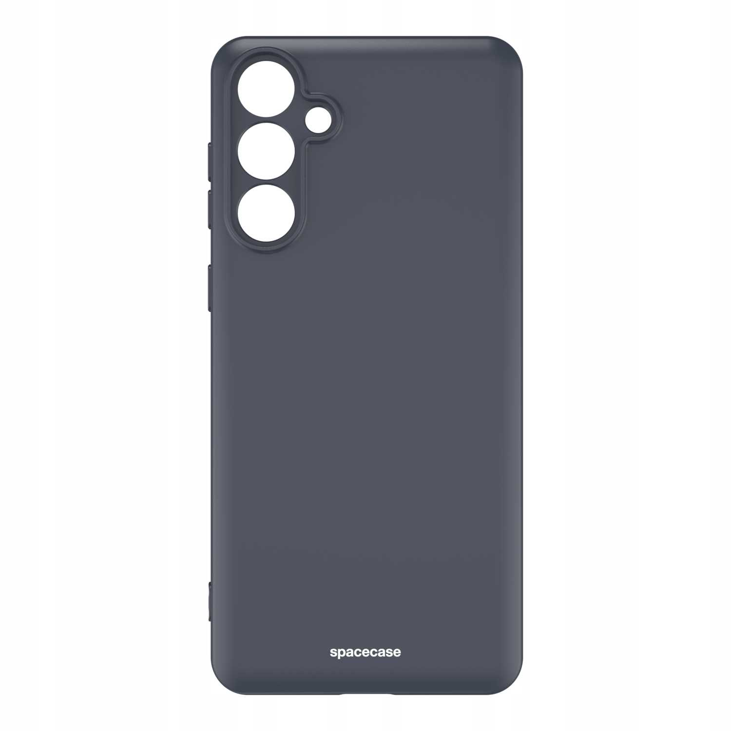Ciemnoszare etui na telefon z wycięciami na aparat i logo Spacecase na dole.