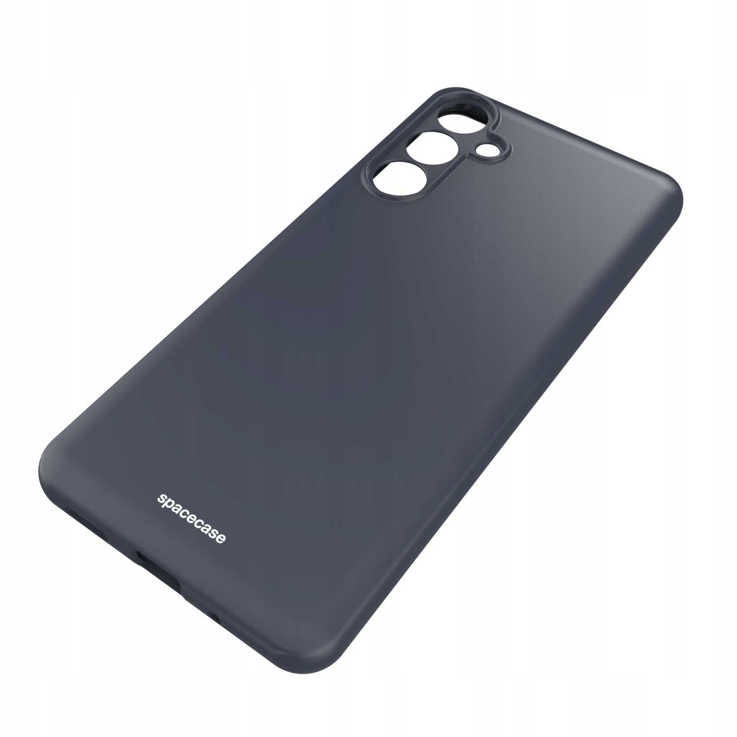 Ciemnoszare etui na telefon z wycięciami na aparat i logo Spacecase na białym tle.