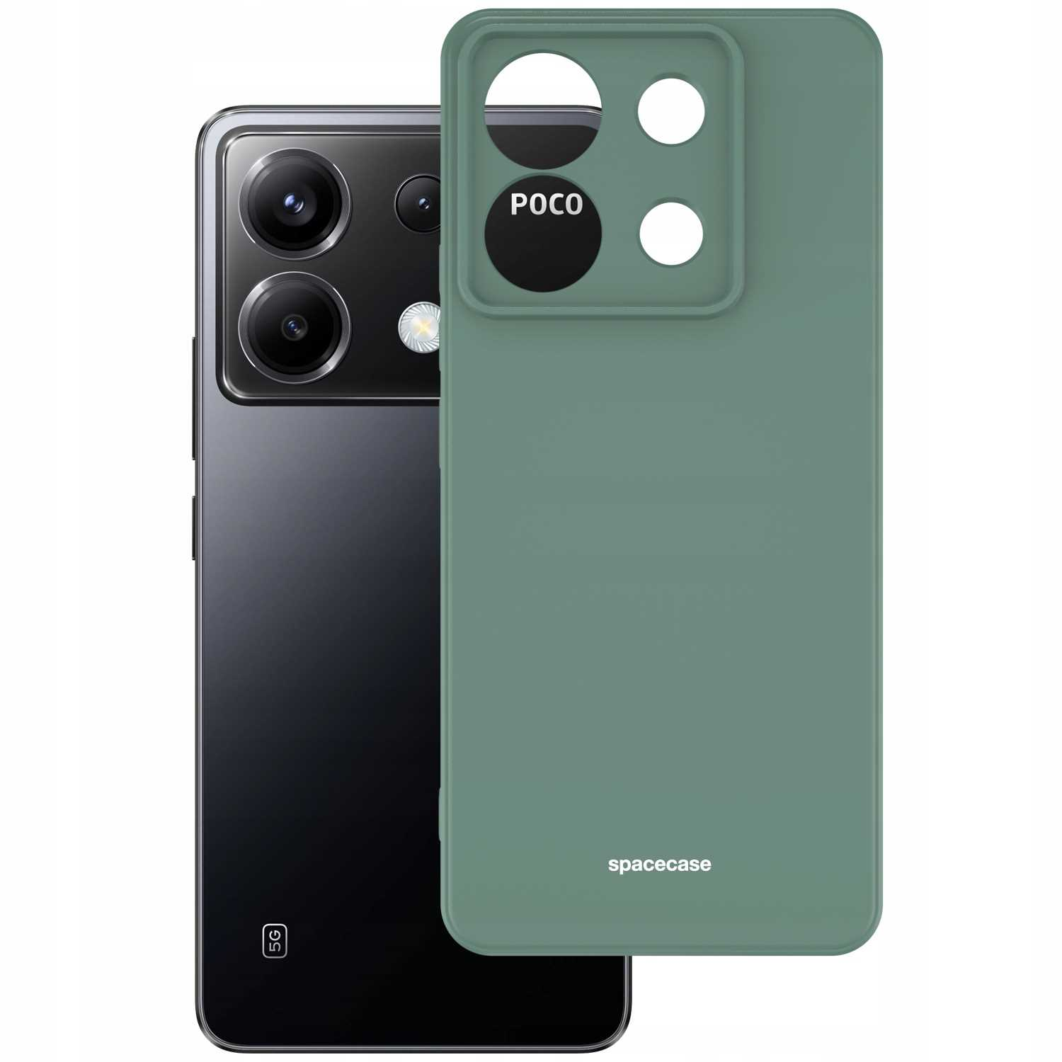 Smartfon z zielonym etui ochronnym. Etui ma wycięcia na aparat i logo POCO.