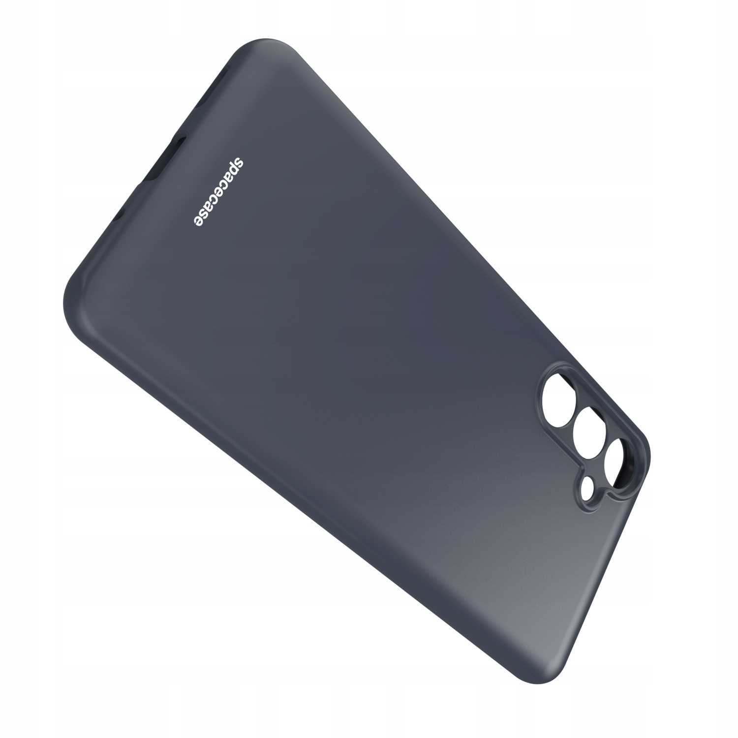 Ciemnoniebieskie etui na telefon z zaokrąglonymi rogami. Na etui wydrukowano słowo 'spacecase'.