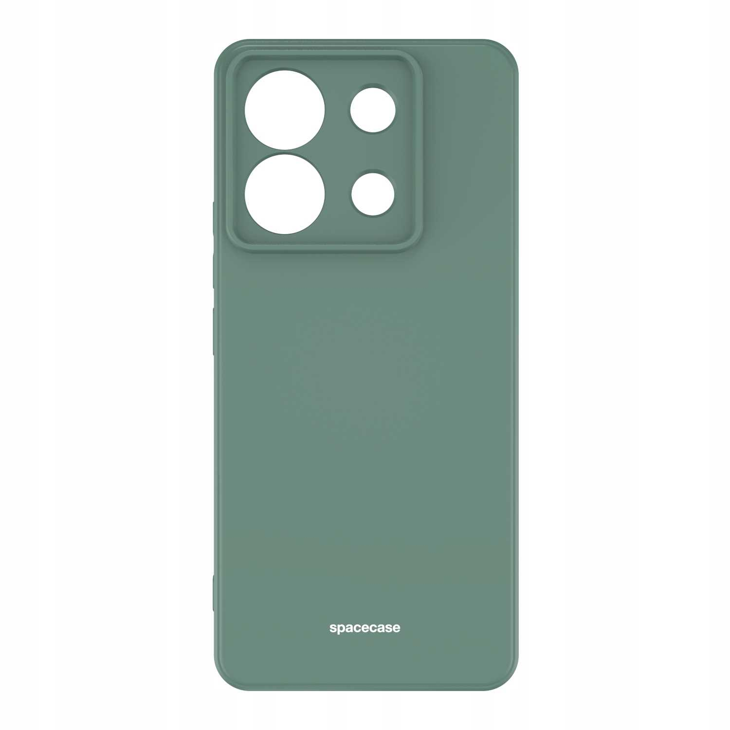 Zielone etui na telefon z wycięciami na aparat. Etui ma logo 'spacecase'.