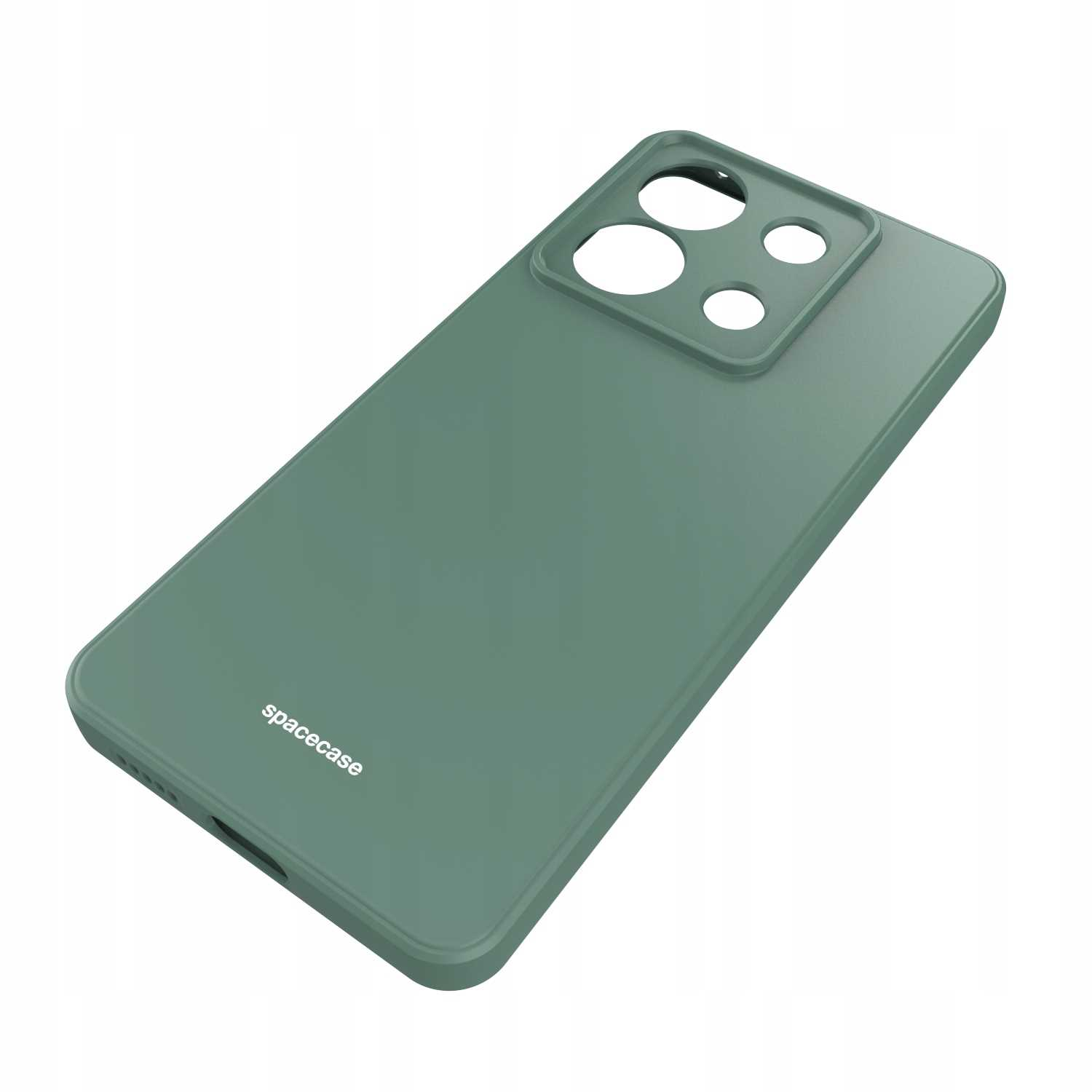 Zielone etui na telefon. Na etui wydrukowano logo 'spacecase'.