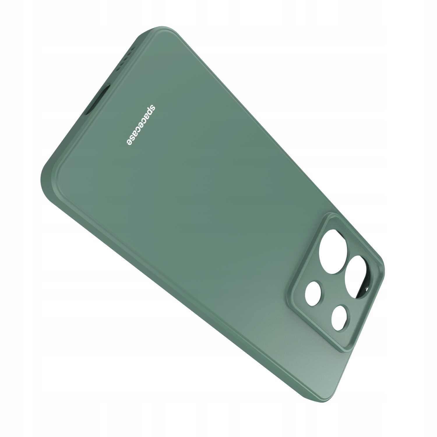Zielone etui na telefon z wycięciami na aparat. Wydrukowano logo 'spacecase'.
