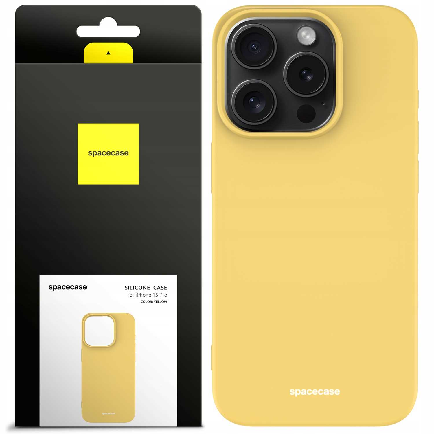 Żółte silikonowe etui na iPhone'a 15 Pro jest wyświetlane obok pudełka z opakowaniem.