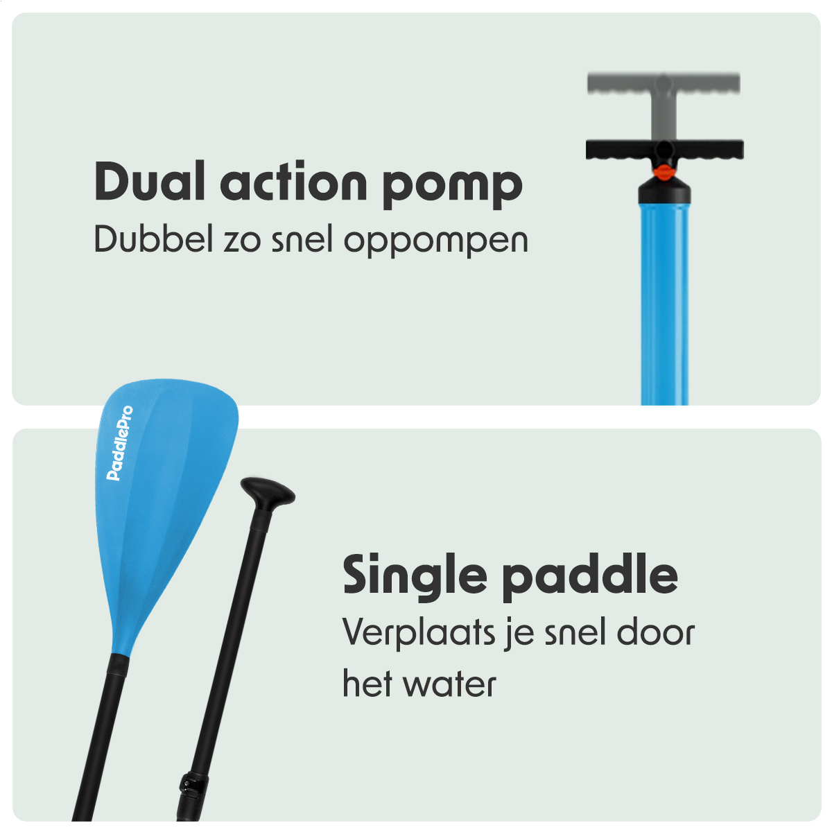 Bilder zeigen eine blaue Doppelhubpumpe und ein einzelnes Paddel zum Paddleboarding.