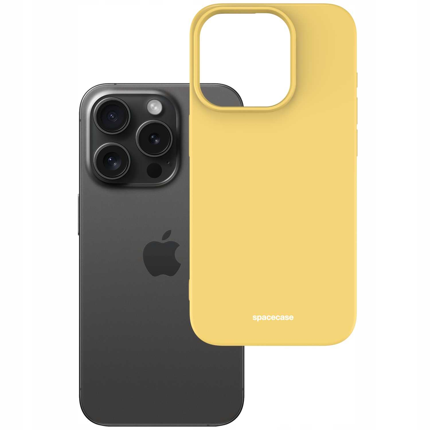 Żółte silikonowe etui na telefon obok czarnego iPhone'a z logo Apple.