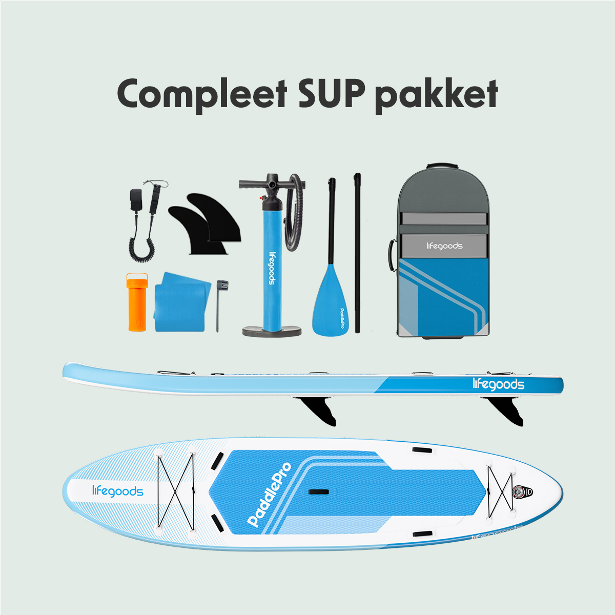 Das Bild zeigt das komplette SUP-Paket mit Board, Zubehör und Tragetasche.