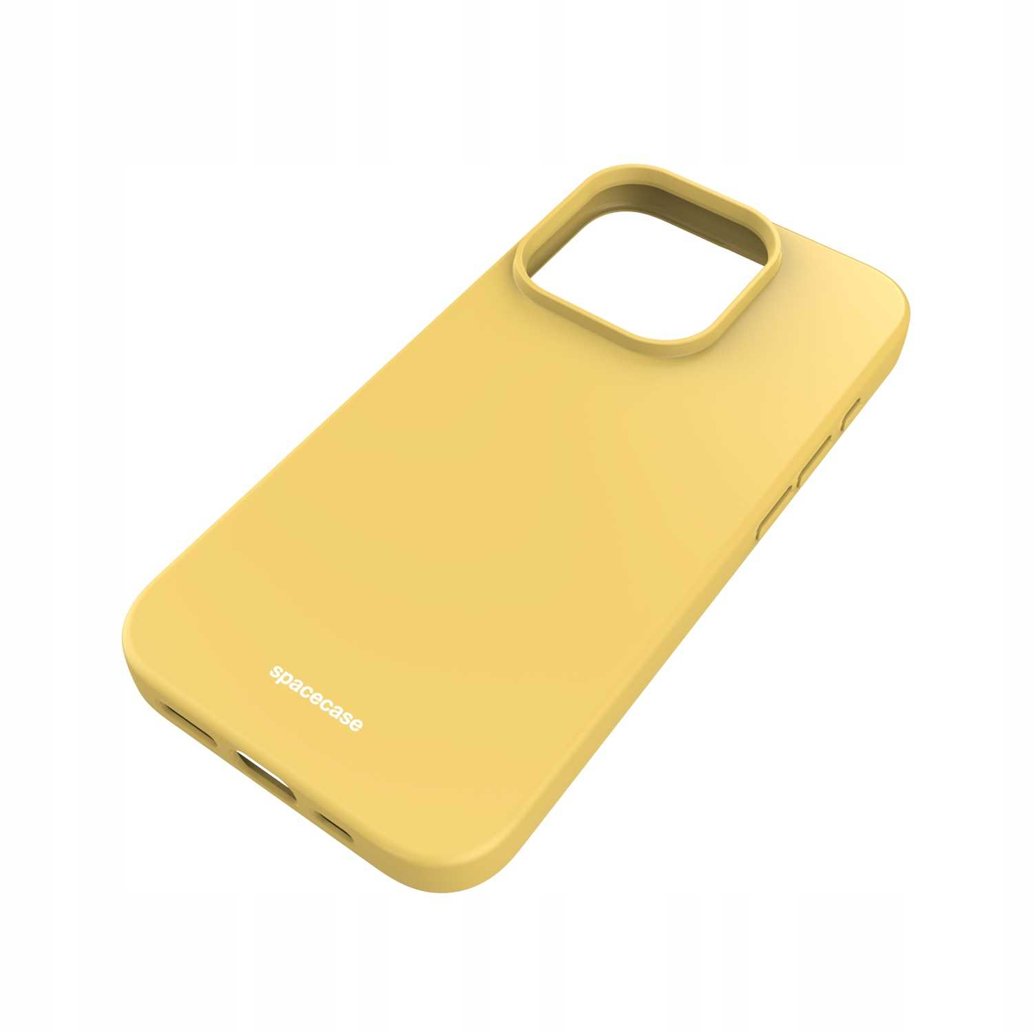 Żółte silikonowe etui na telefon z logo Spacecase na białym tle.