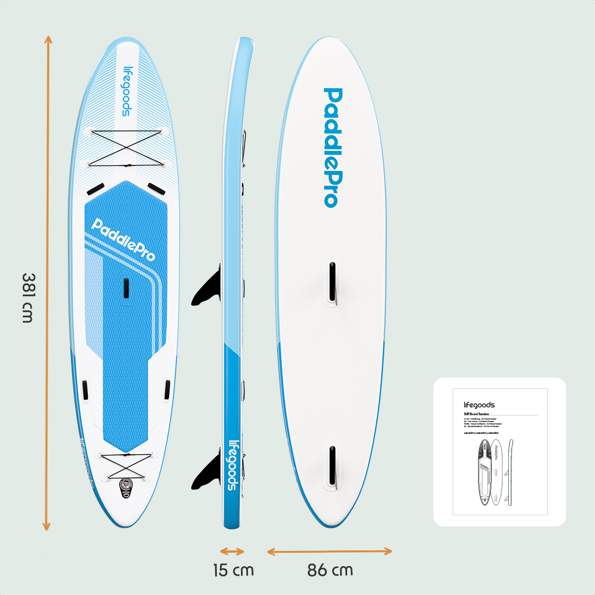 Das Diagramm zeigt die Abmessungen eines LifeGoods Paddleboards: 381 cm lang, 86 cm breit und 15 cm dick.
