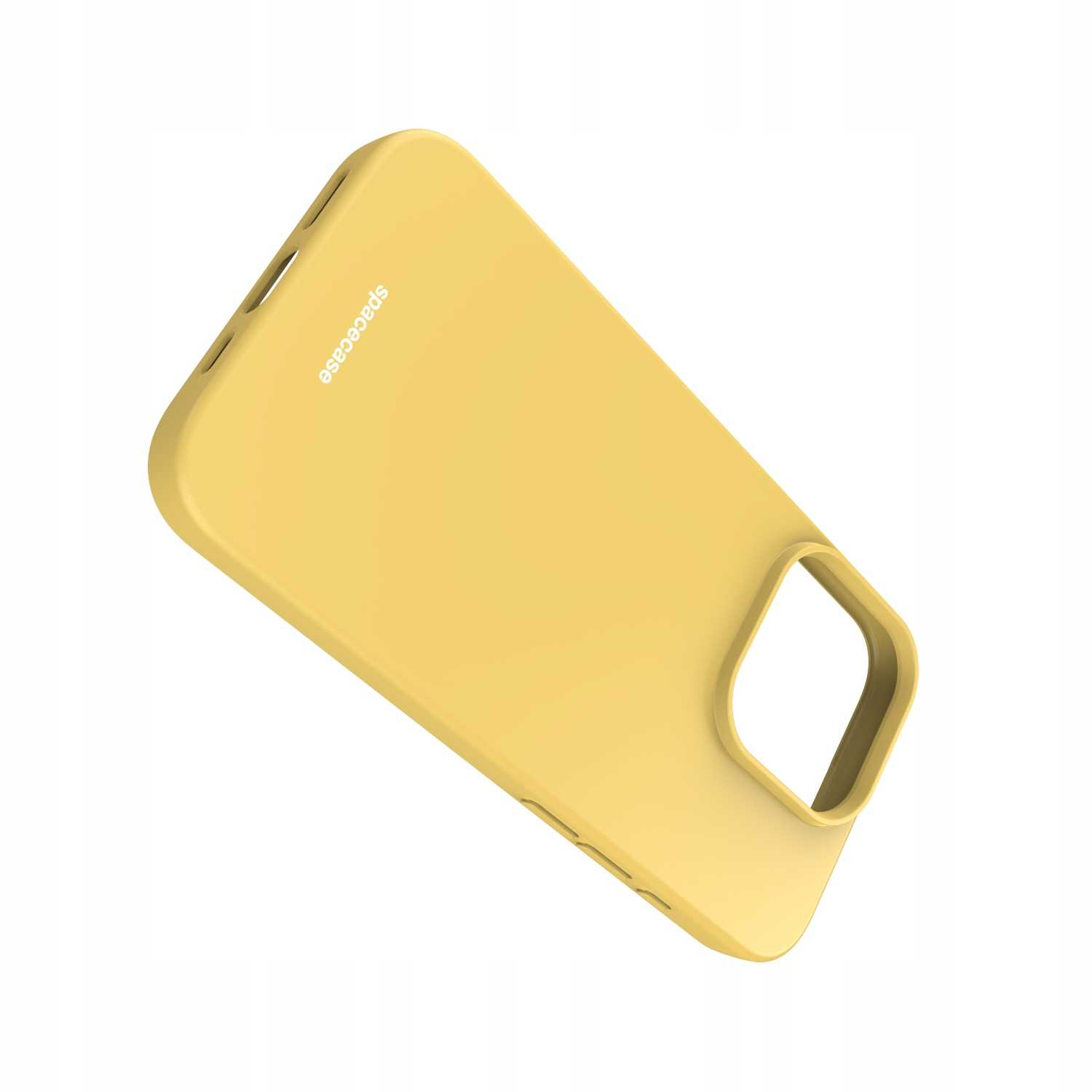 Żółte silikonowe etui na telefon z logo Spacecase na białym tle.