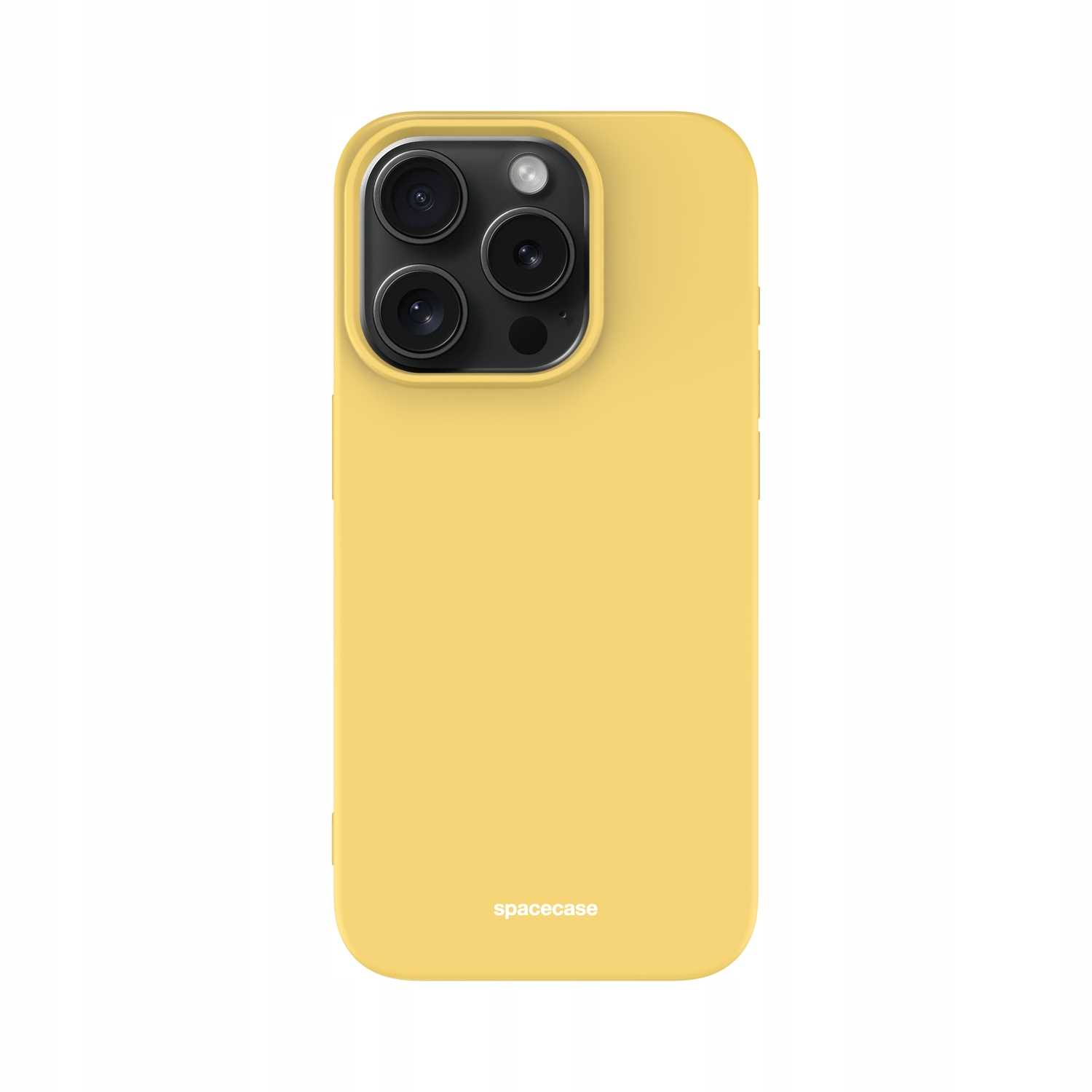 Żółte etui na telefon Spacecase, ustawione pionowo, ma wycięcia na aparat i logo marki.