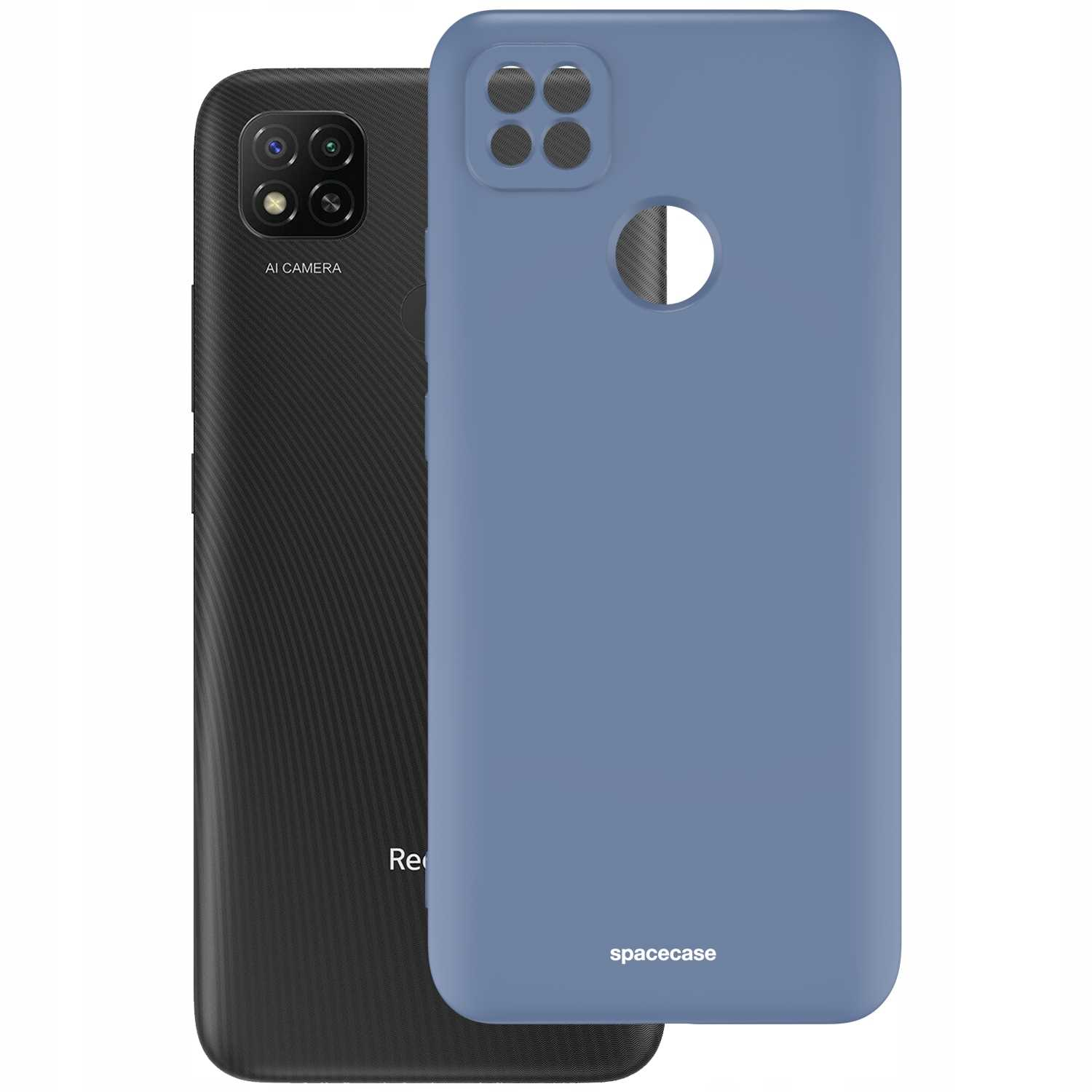 Niebieskie etui na telefon Spacecase obok czarnego telefonu, z wycięciami na aparat i logo marki.