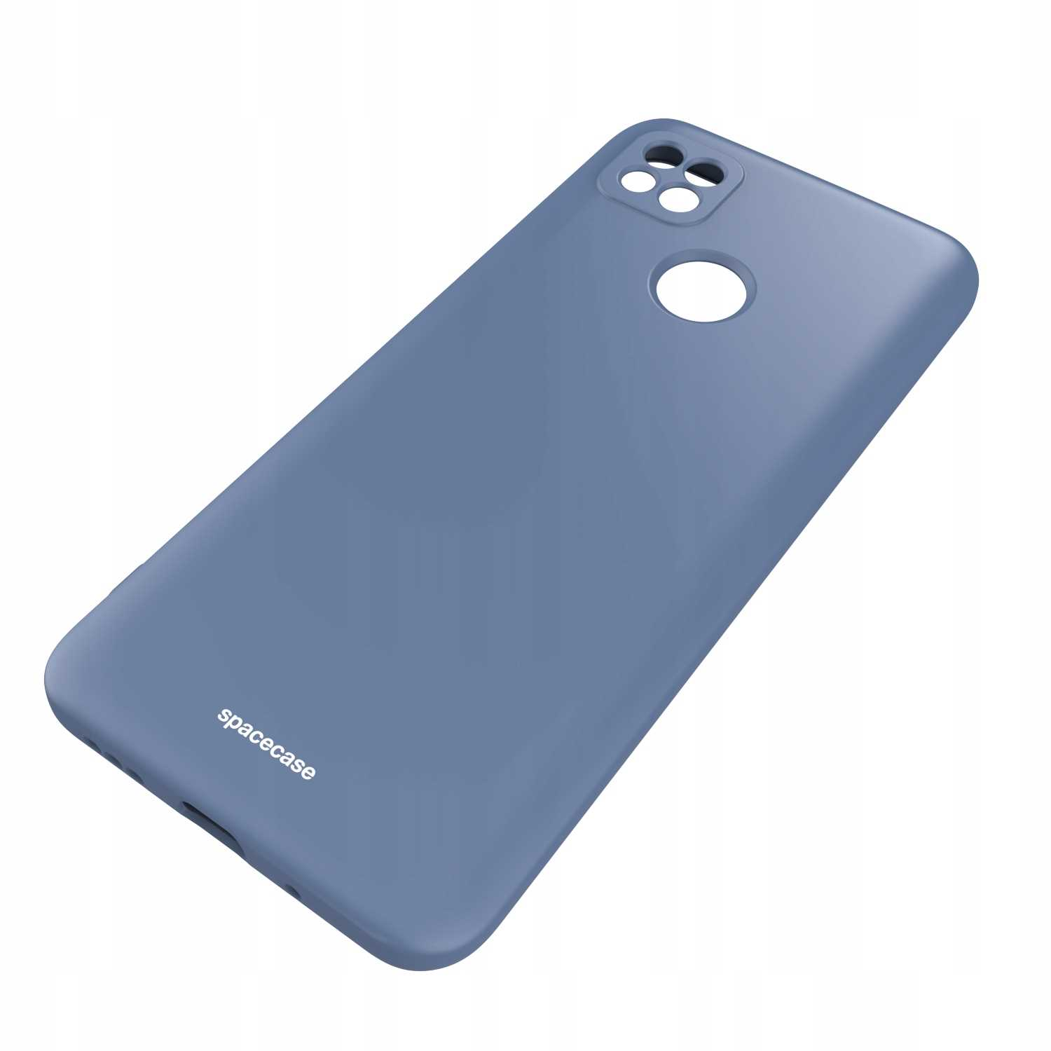 Niebieskie etui na telefon z wycięciami na aparat, ustawione pod kątem na białym tle z logo „spacecase”.