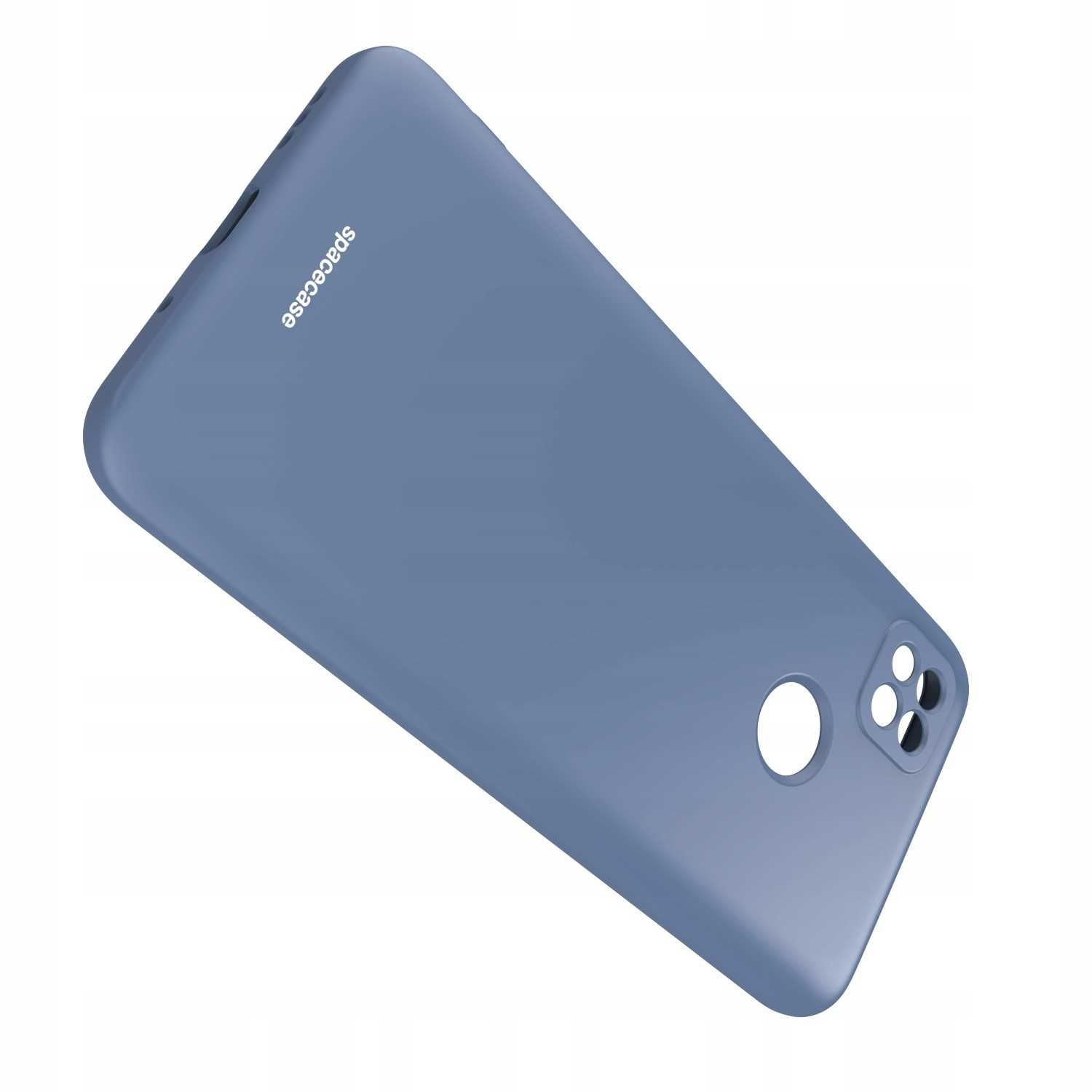 Niebieskie etui na telefon z wycięciami na aparat, ustawione pod kątem na białym tle z logo „spacecase”.