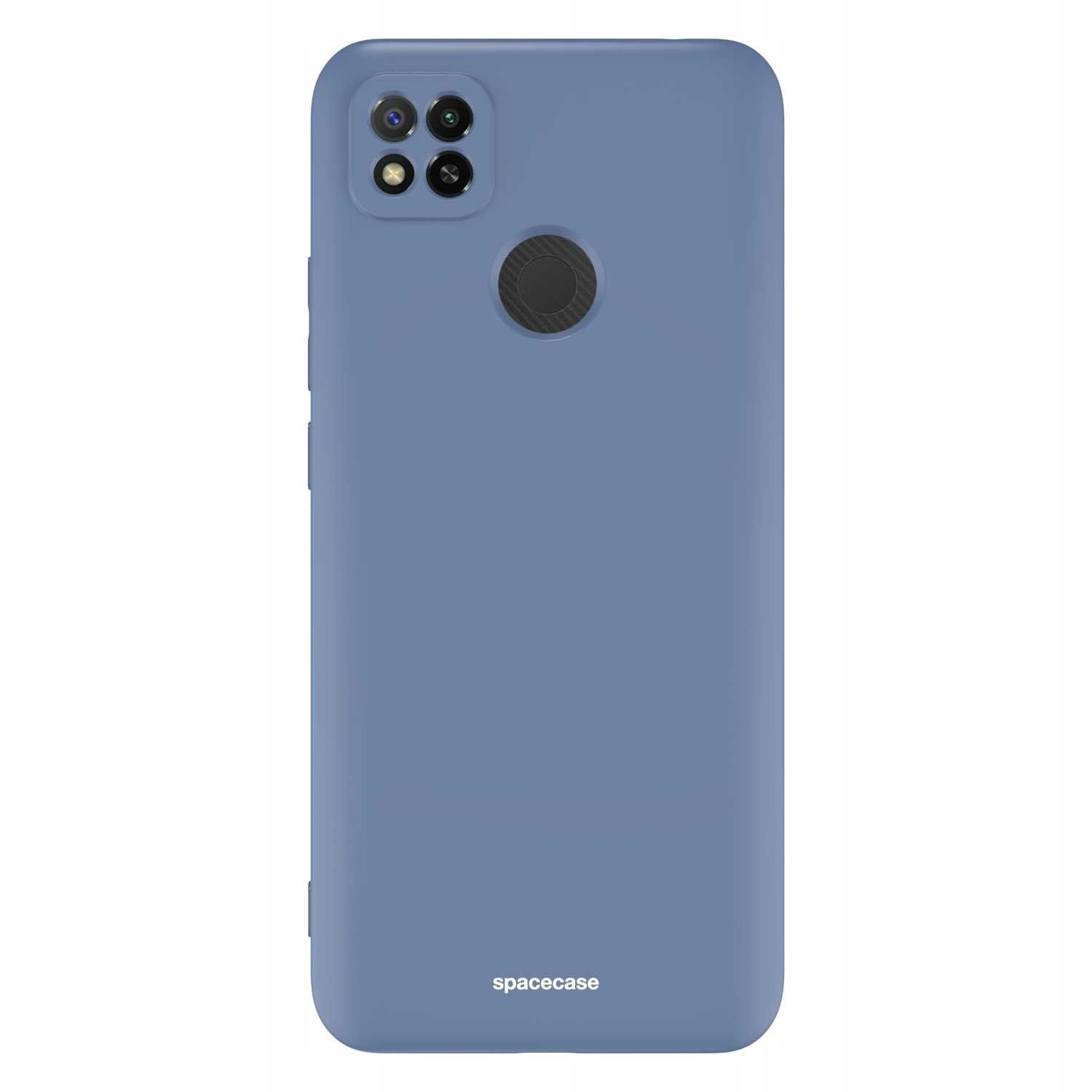 Niebieskie etui na telefon z wycięciami na aparat, stojące na białym tle z logo „spacecase”.