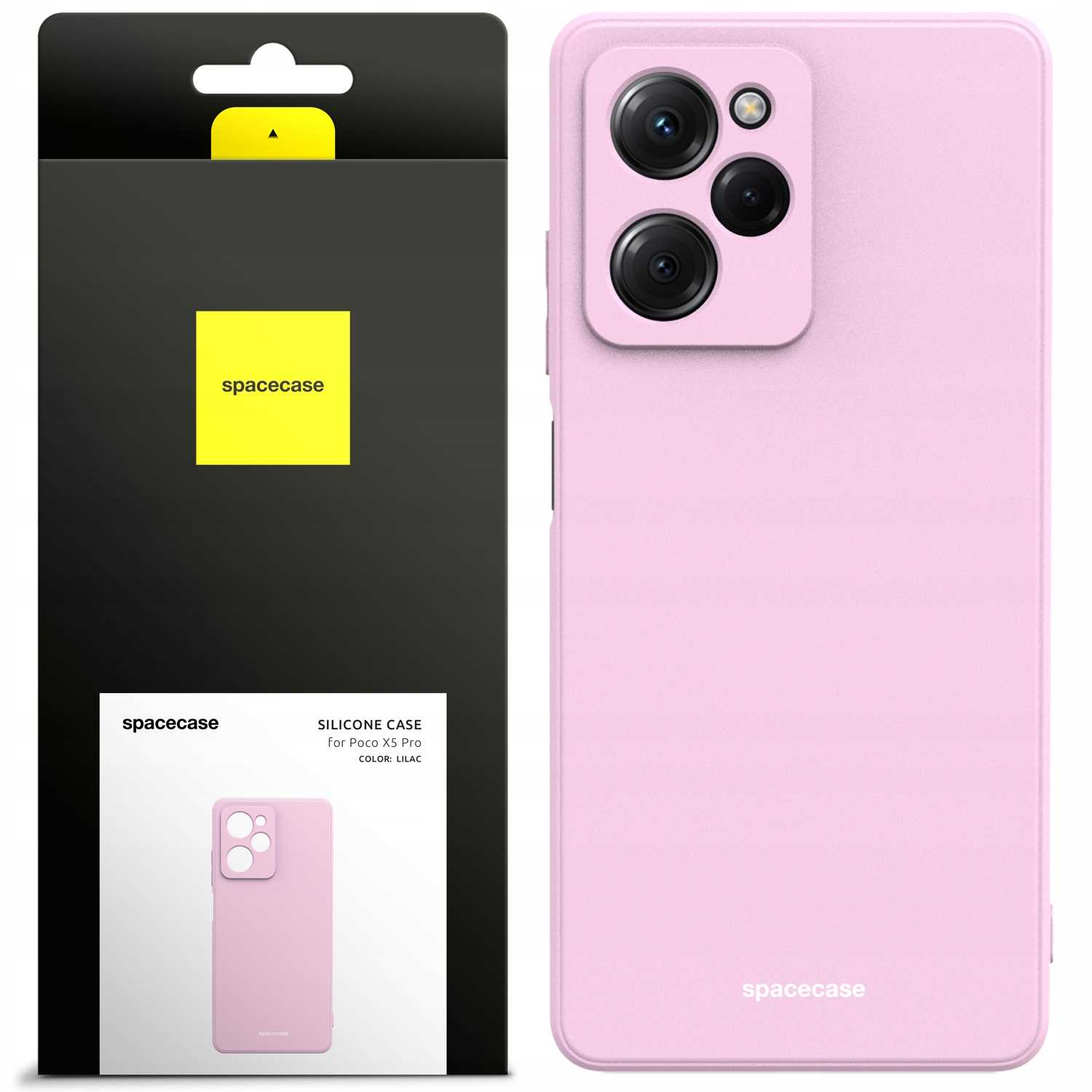 Liliowe etui na telefon i jego opakowanie są wyświetlane, prezentując design i markę.