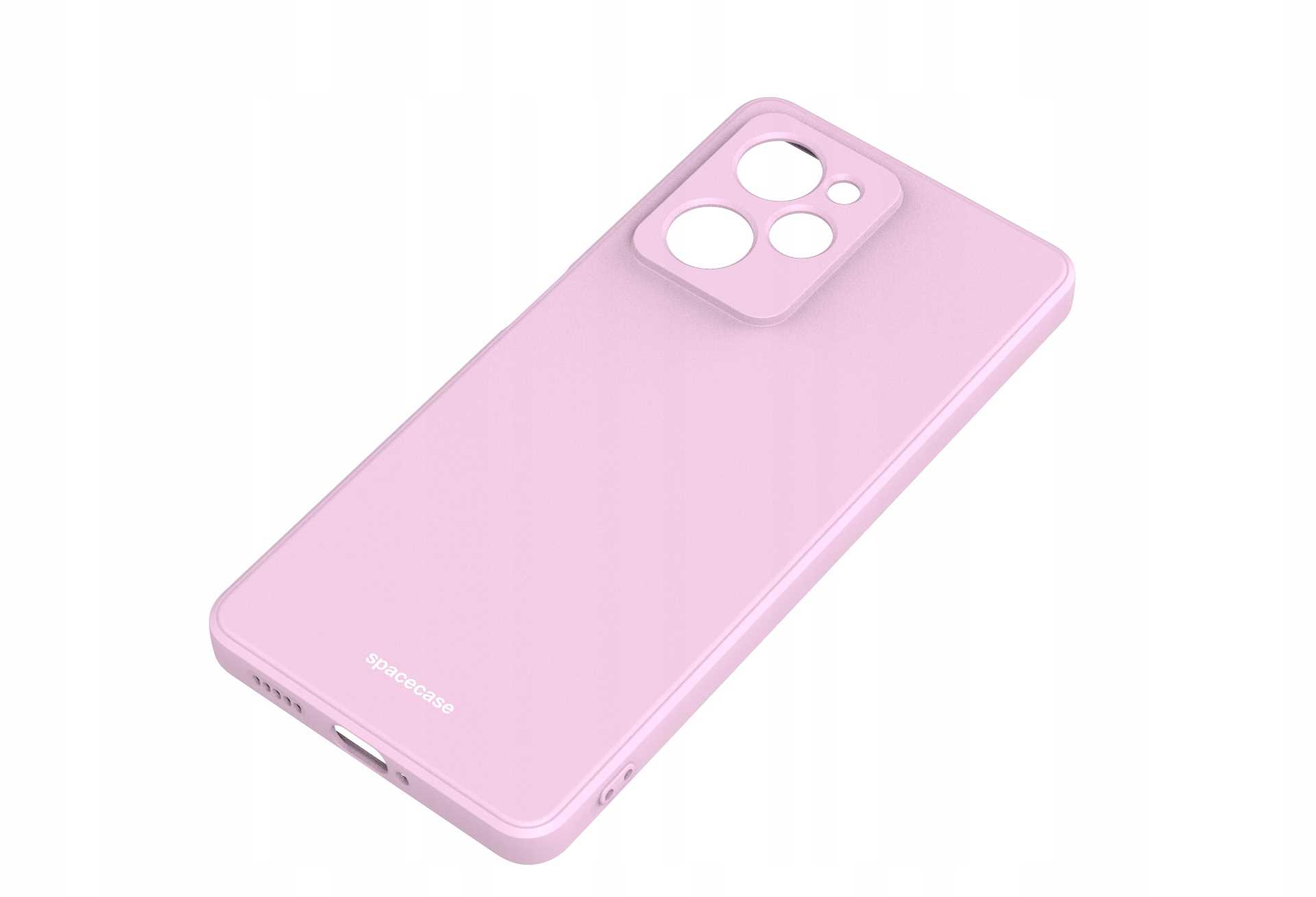 Liliowe etui na telefon ustawione pod kątem na białej powierzchni, pokazujące wycięcie na aparat i elegancki design.