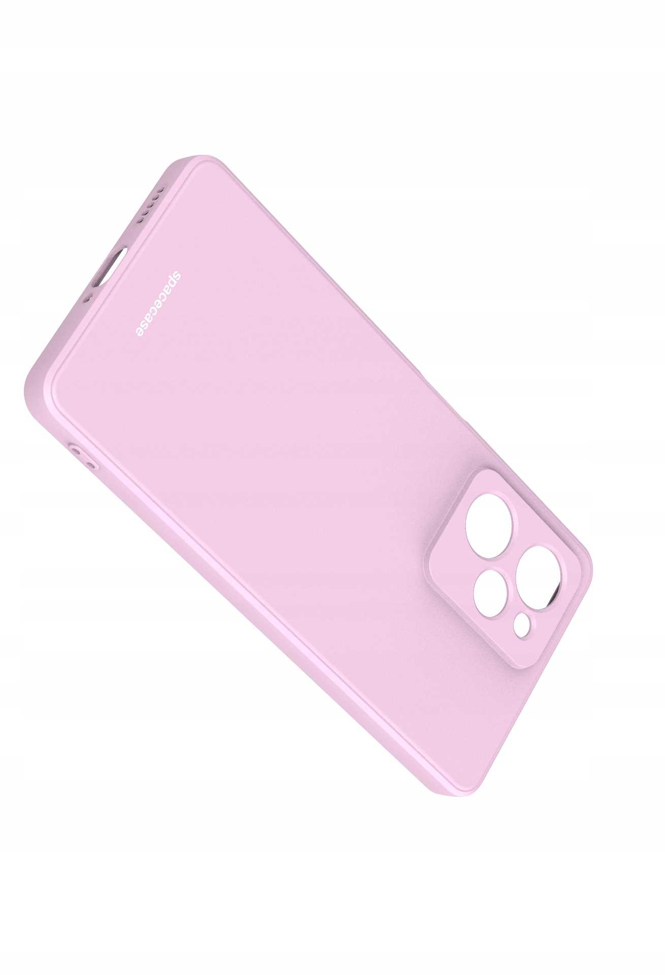 Liliowe etui na telefon jest ustawione pod kątem na białej powierzchni, z wycięciem na aparat i eleganckim designem.