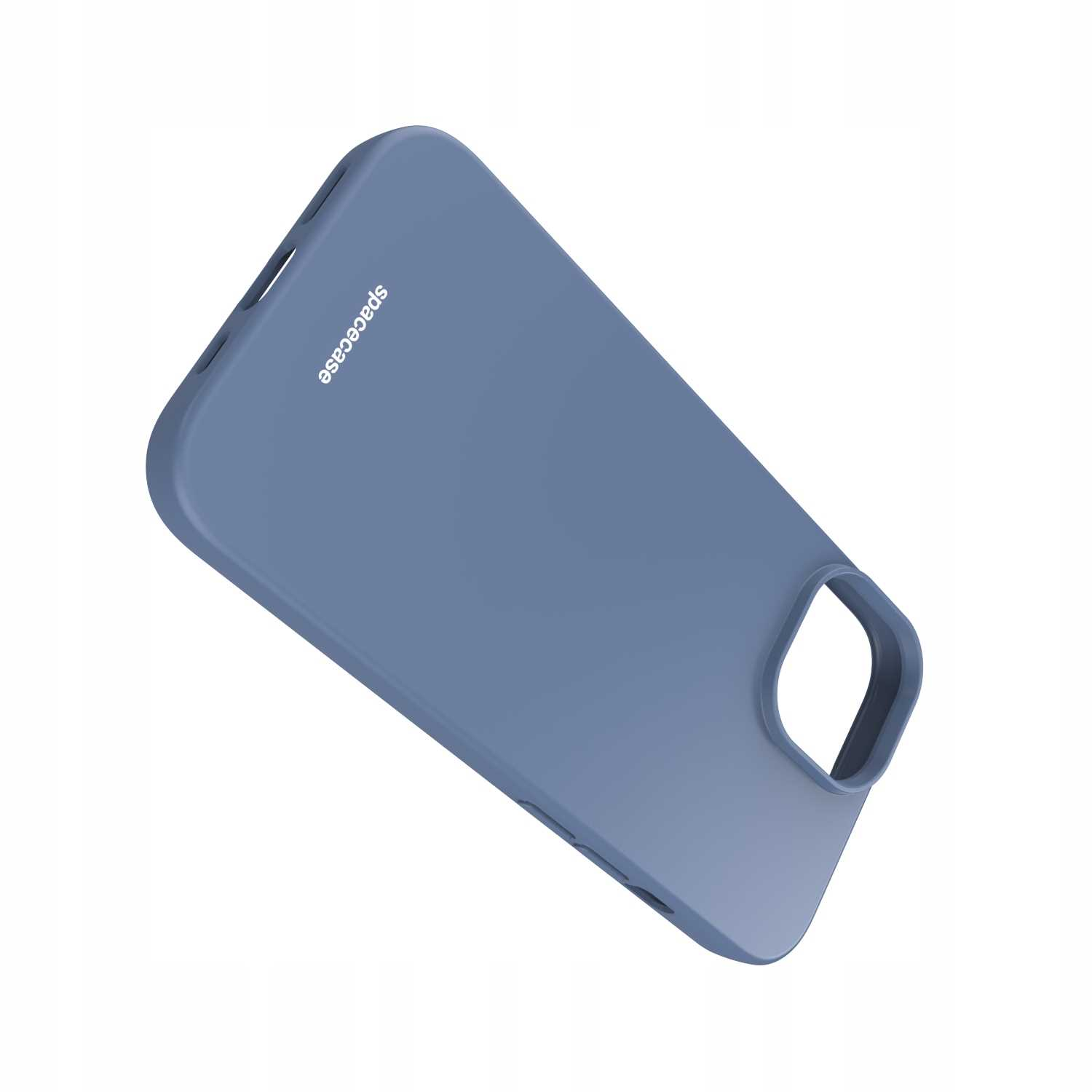 Niebieskie etui na telefon jest ustawione pod kątem na białym tle, ukazując jego zakrzywioną konstrukcję.