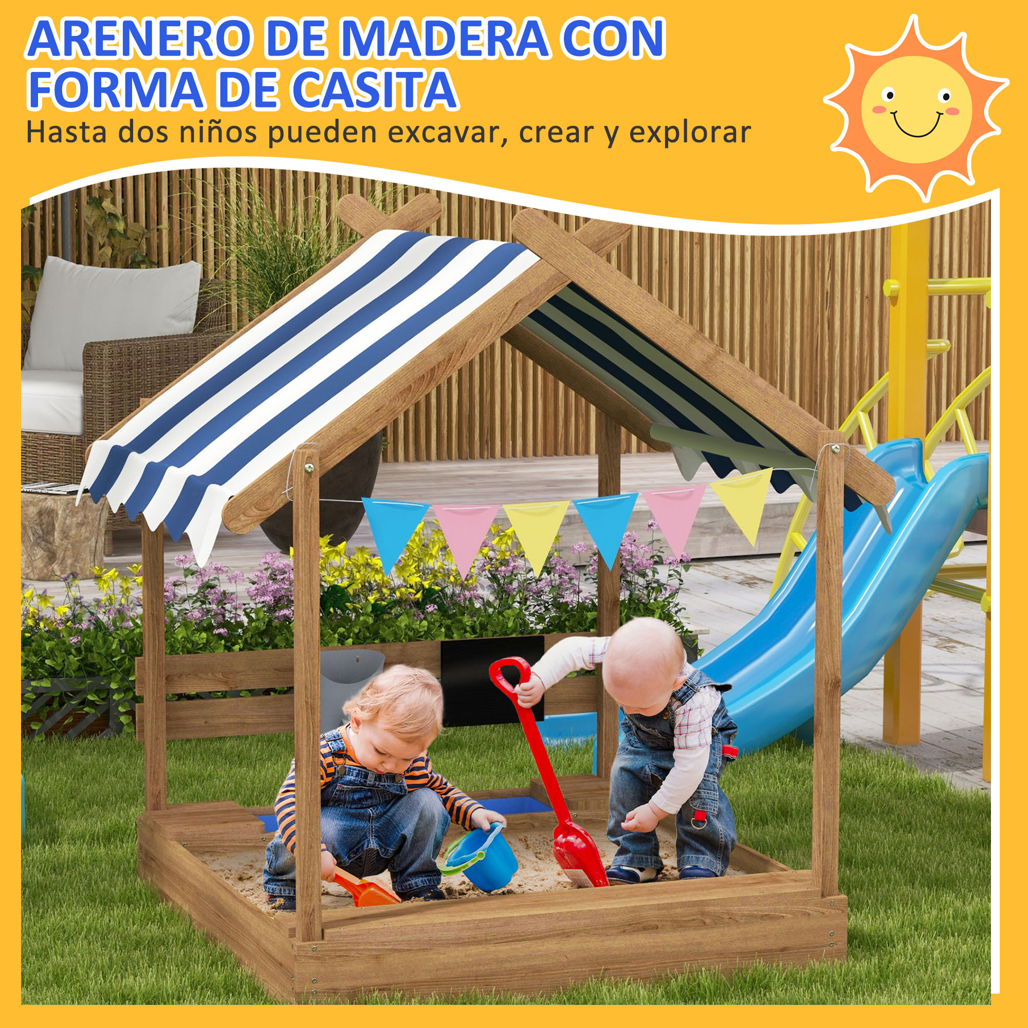 Un arenero con techo y dos niños jugando en él. Hay un tobogán y un dibujo de sol.