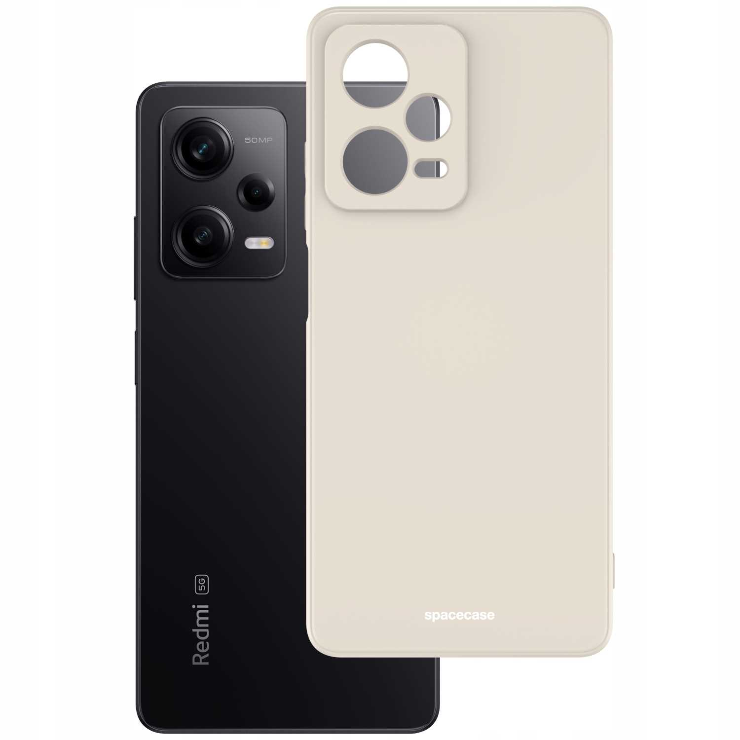 Czarny telefon i beżowe etui z marką 'spacecase'. Telefon ma aparat.