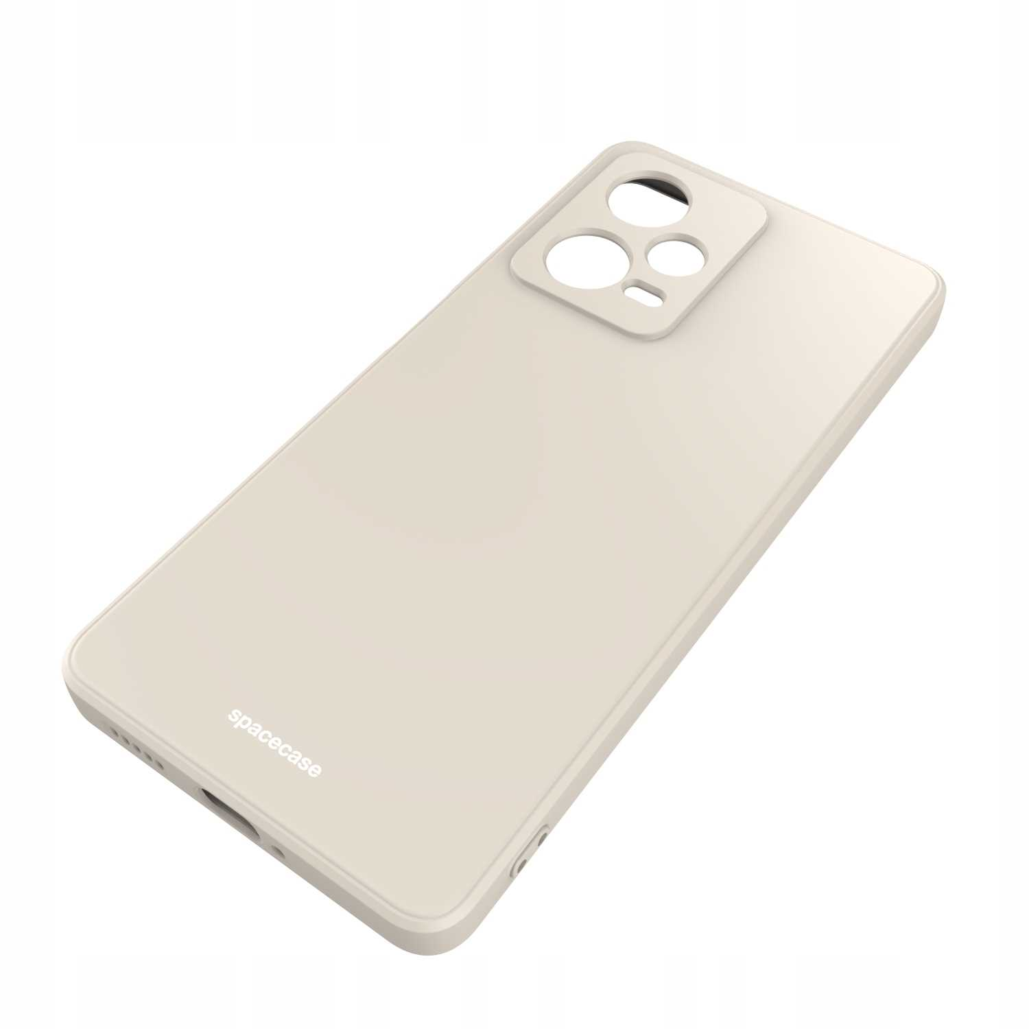 Beżowe etui na telefon z marką 'spacecase'. Etui jest lekko pochylone.