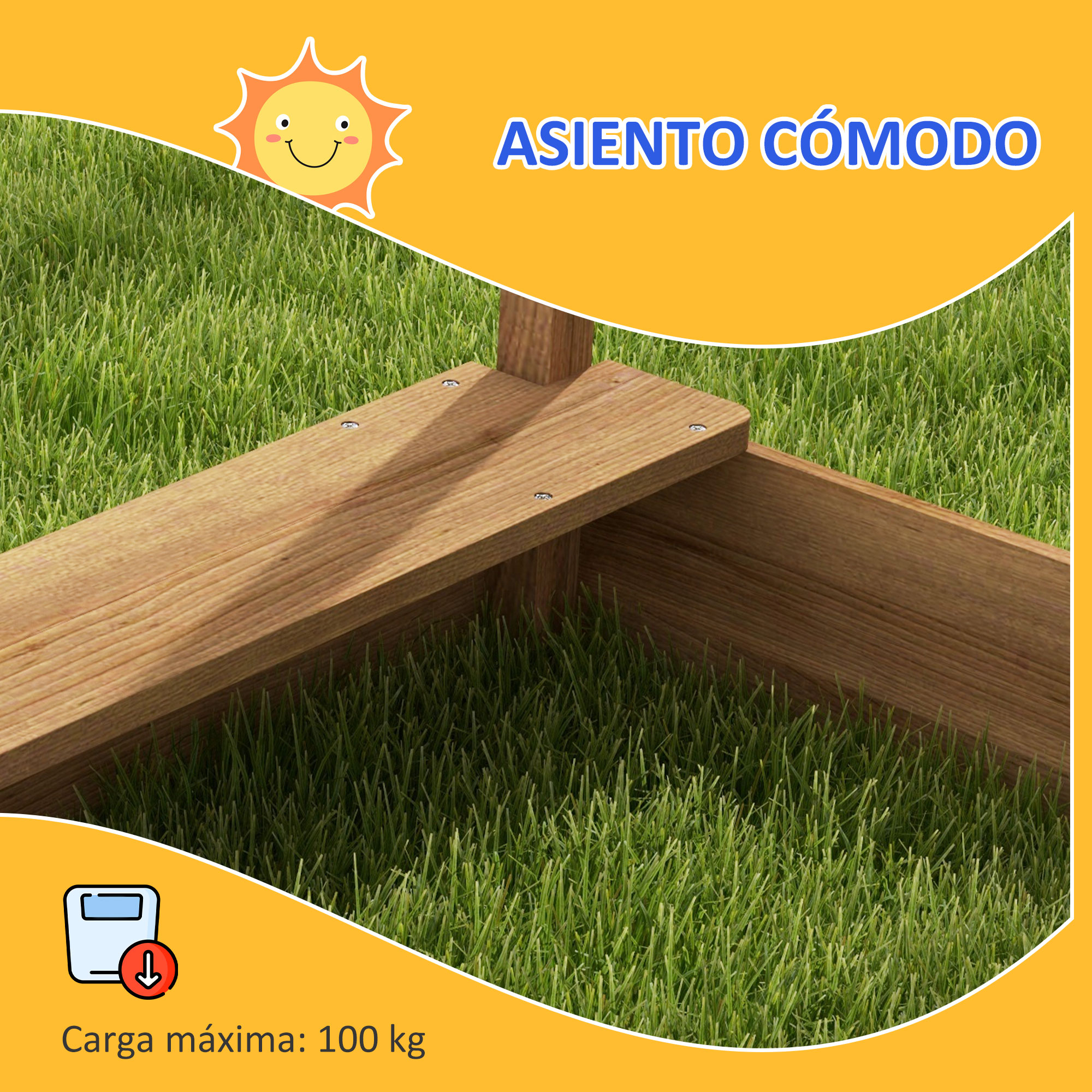 Un banco de madera sobre hierba con una etiqueta de carga máxima. Una imagen de sol está en la parte superior izquierda.