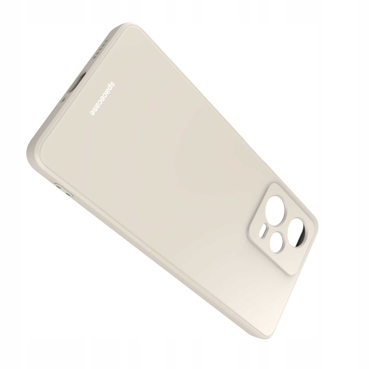Beżowe etui na telefon z marką 'spacecase'. Etui jest pochylone.