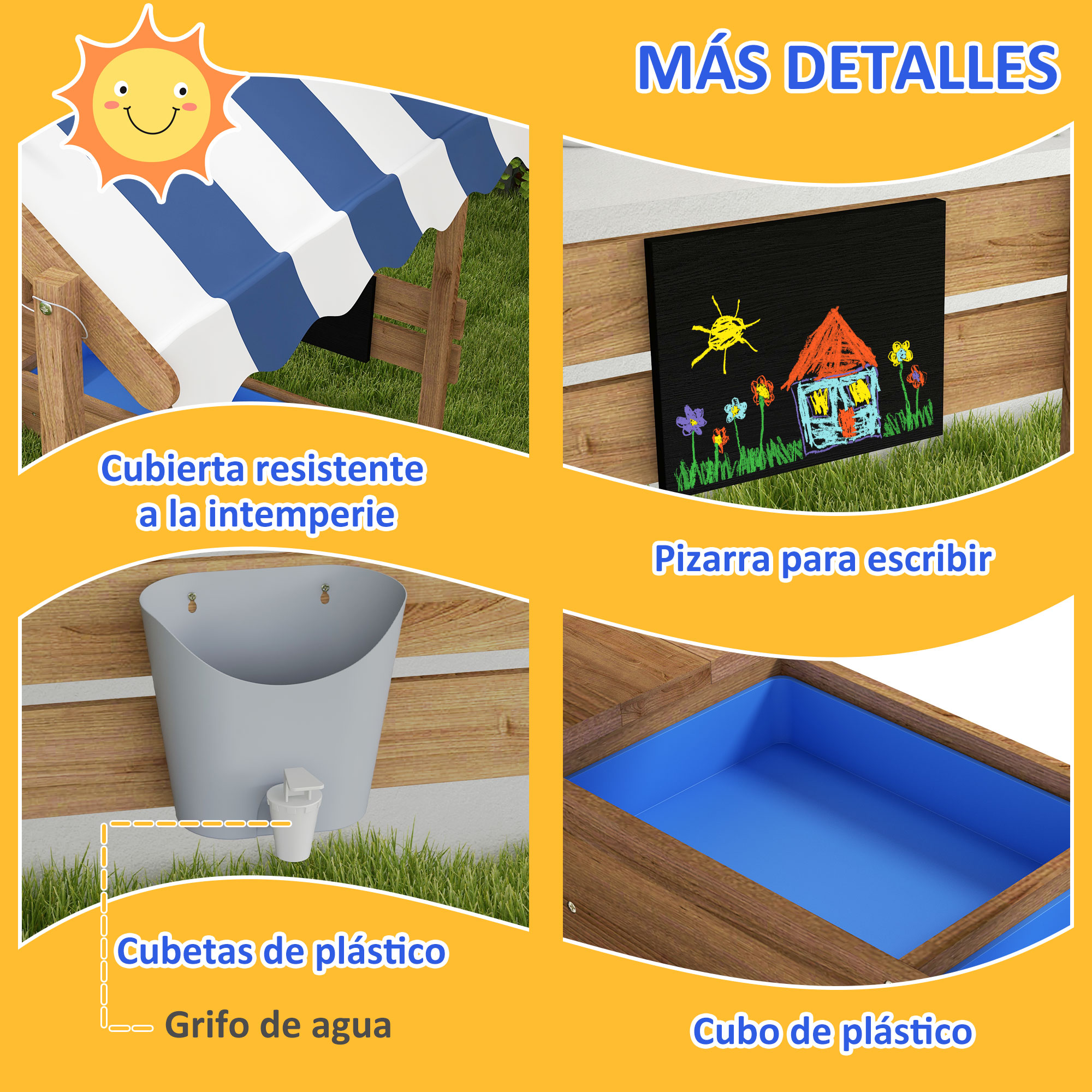 Detalles de un arenero con una pizarra, un grifo de agua y un cubo de plástico azul.
