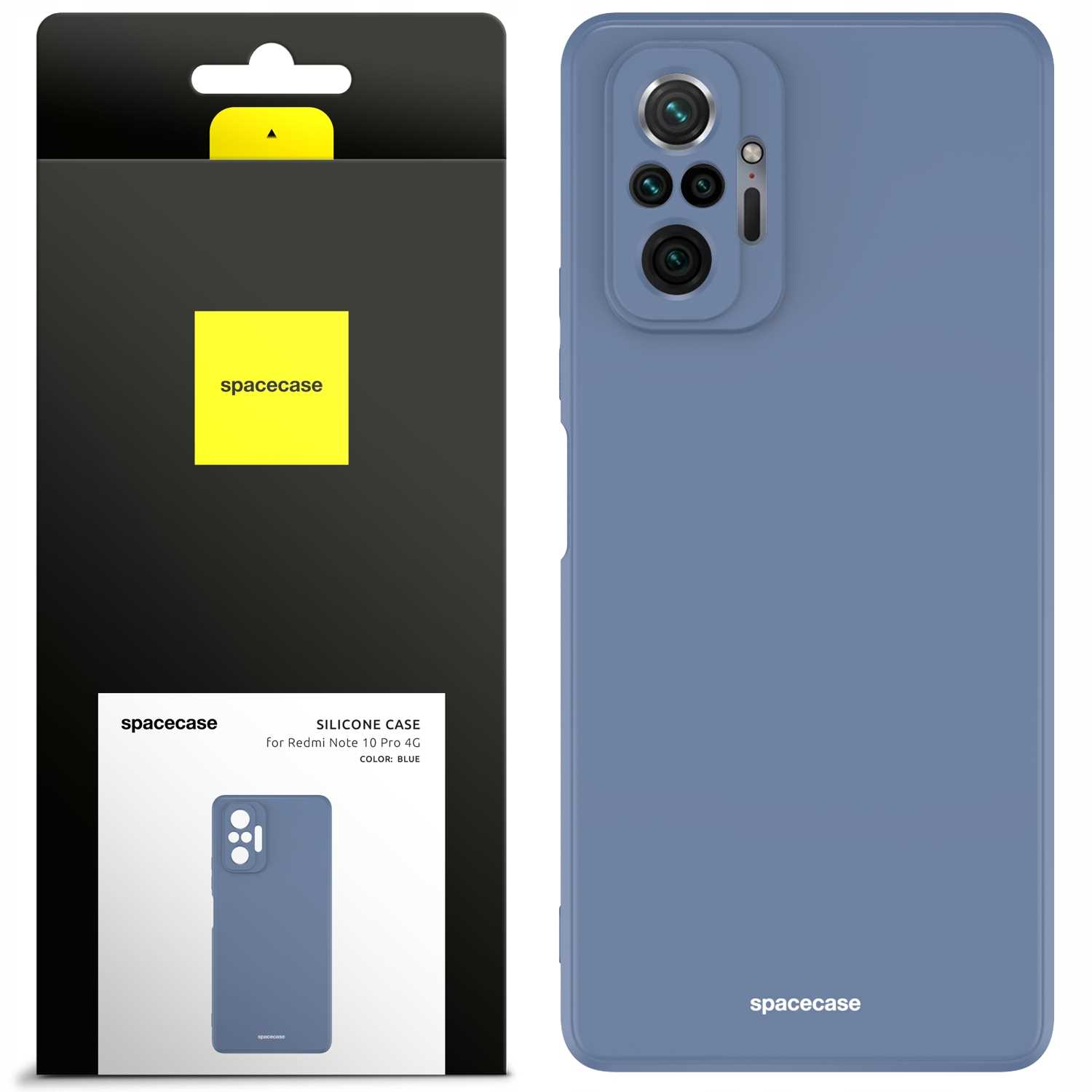 Jasnoniebieskie etui na telefon jest prezentowane obok pudełka z logo "spacecase".