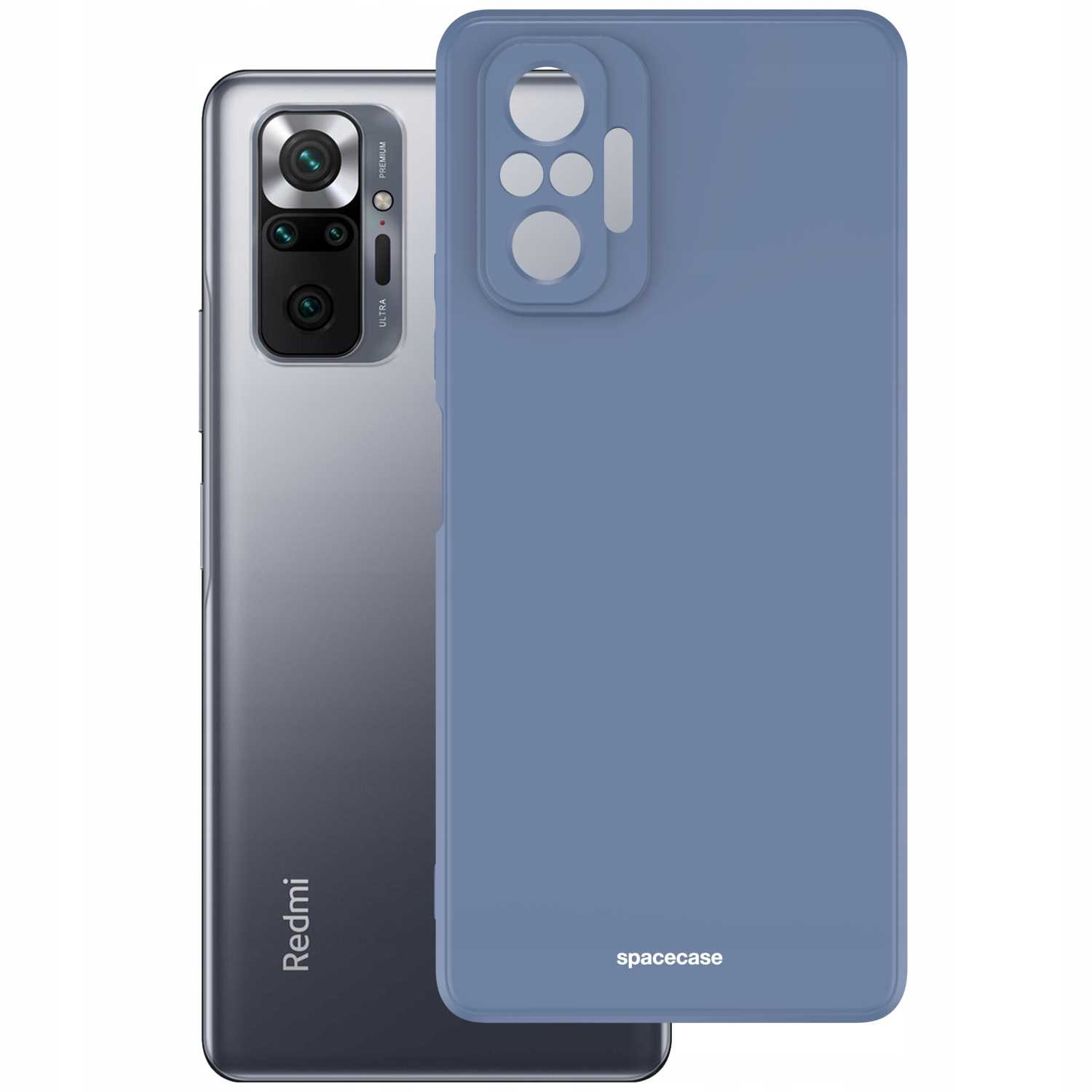 Jasnoniebieskie etui na telefon znajduje się obok ciemnoszarego smartfona, oba z logo „spacecase”.