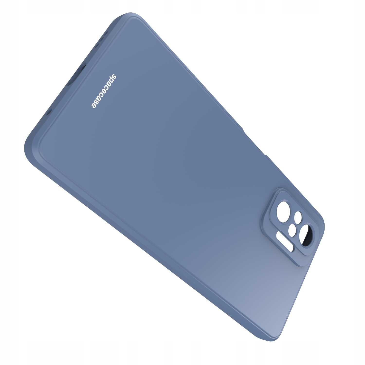 Niebieskie etui na telefon jest ustawione pod kątem, ukazując wycięcia na aparat i logo.