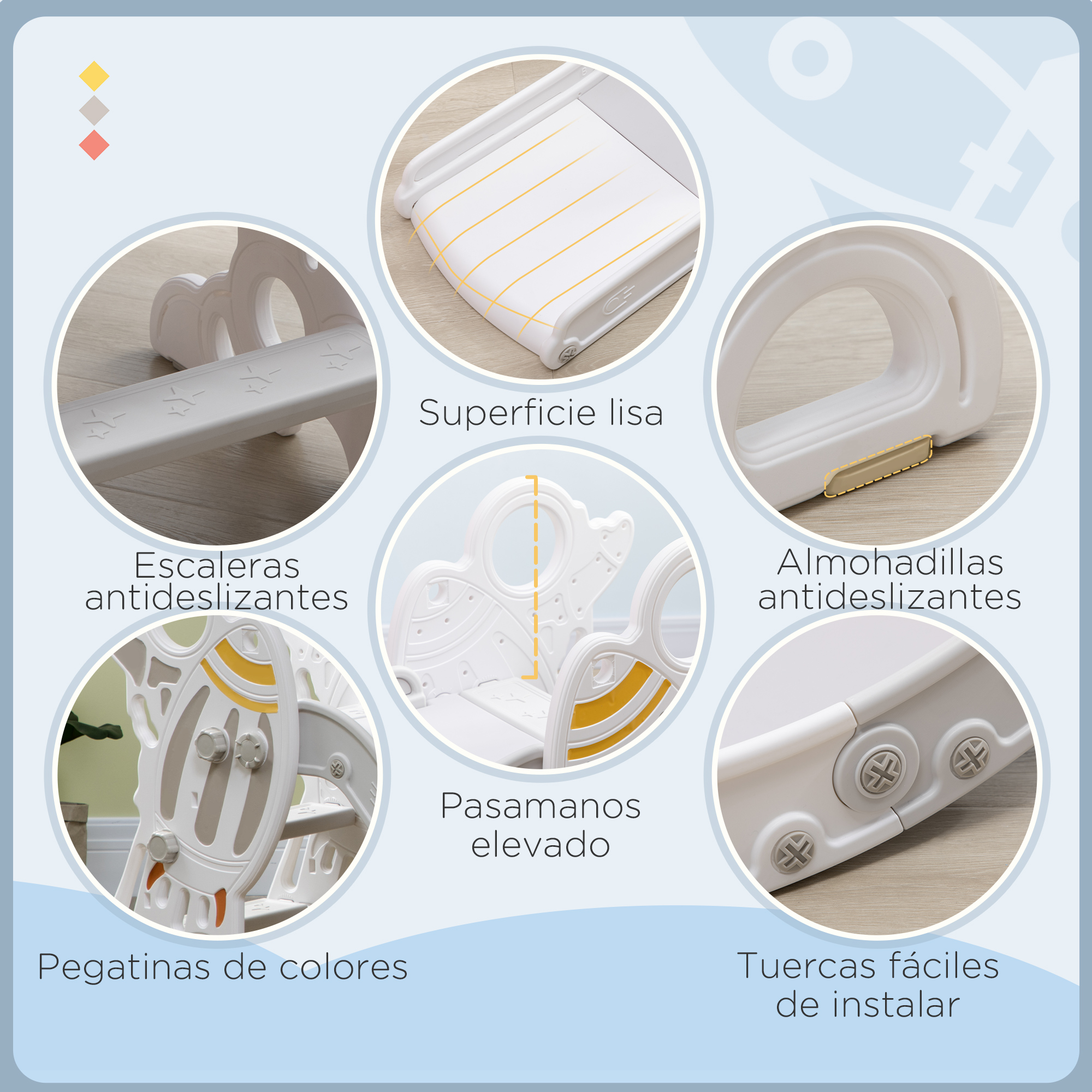 Primer plano que muestra detalles de las características de un tobogán infantil gris y blanco.