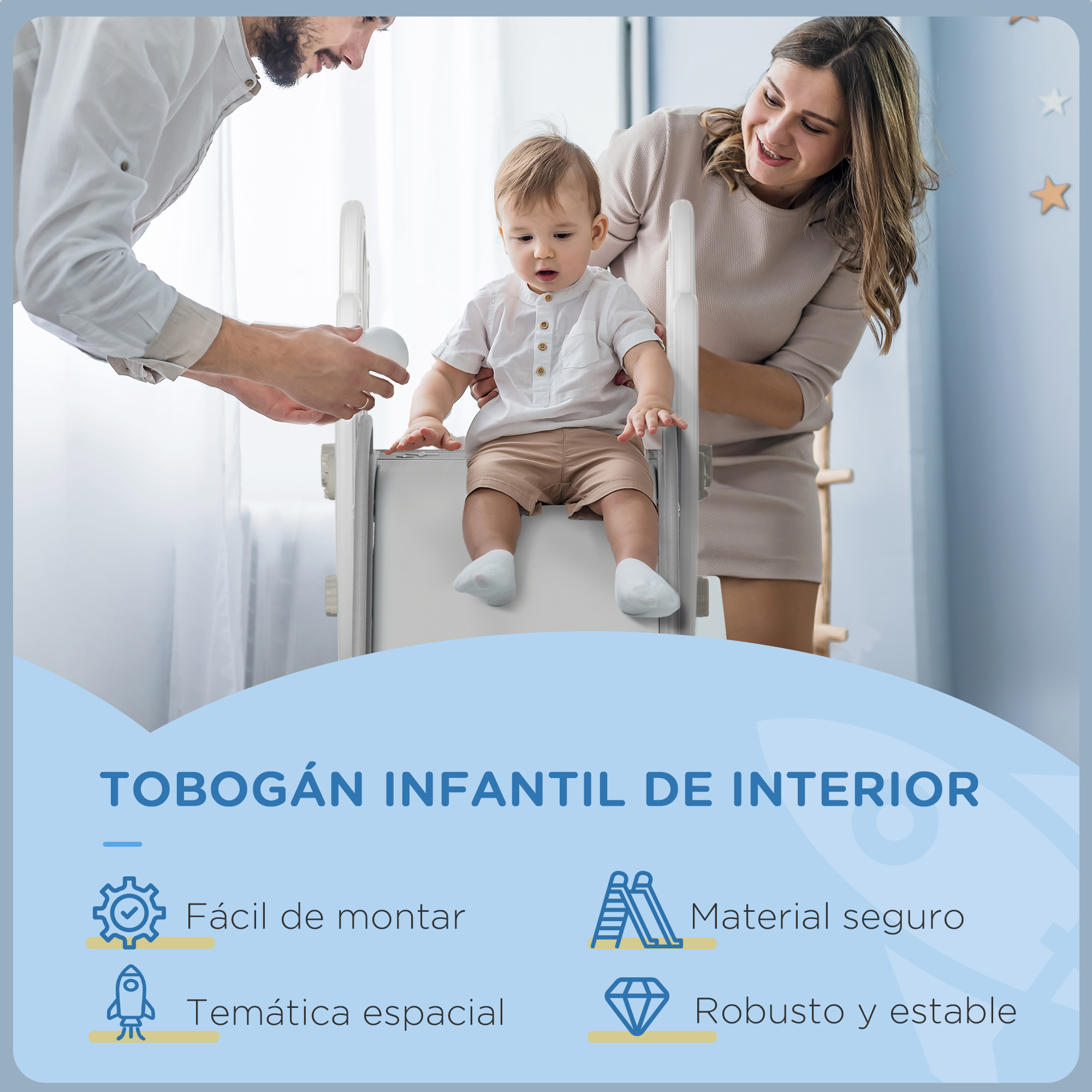 Ambiente familiar con un niño en un tobogán interior gris y blanco.