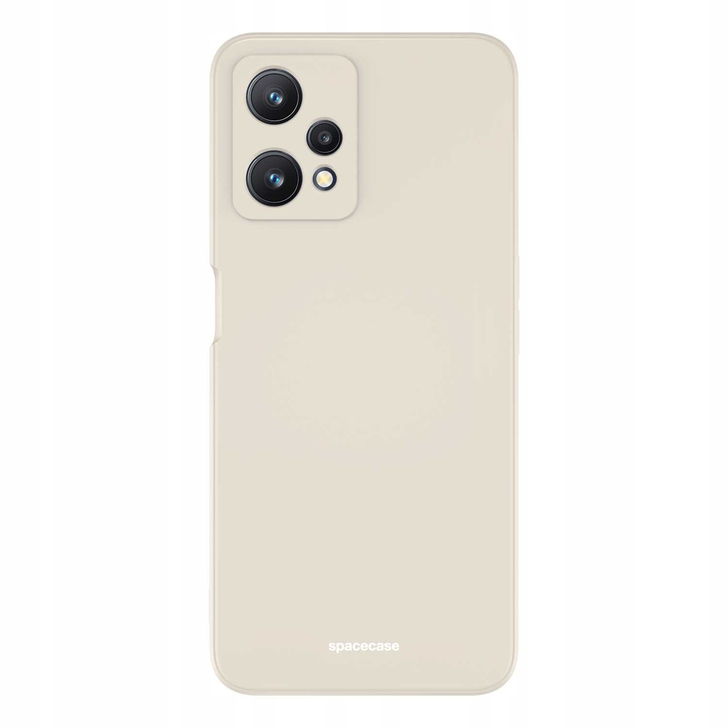 Beżowe etui na telefon z otworami na aparat i logo „spacecase” na dole.