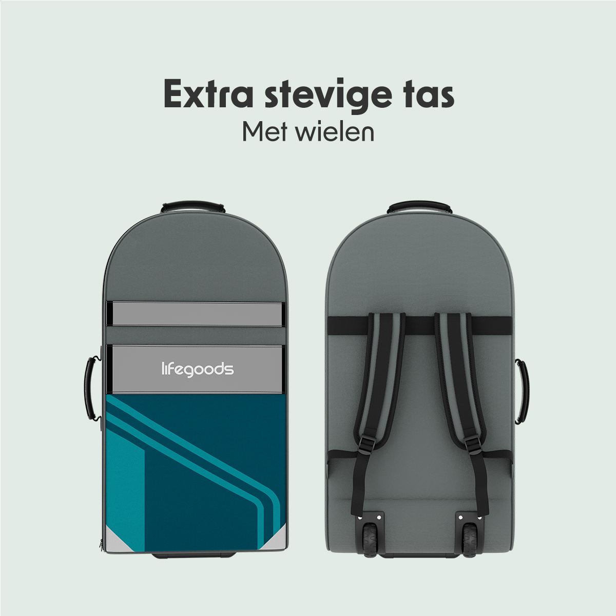 Eine graue LifeGoods-Tasche mit Rädern und Gurten wird von vorne und hinten auf hellem Hintergrund gezeigt.