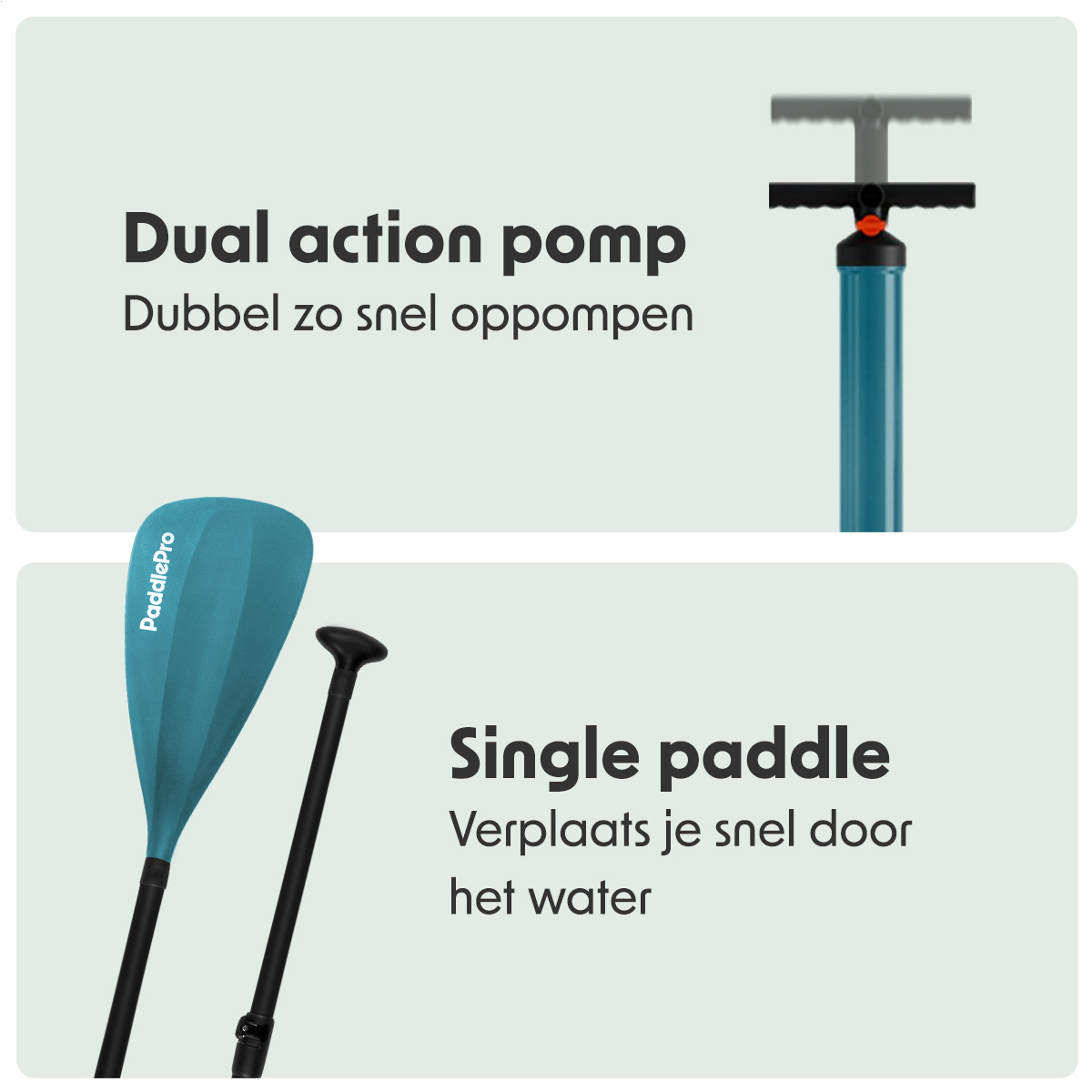 Eine Dual-Action-Pumpe und ein einzelnes Paddel werden mit Text gezeigt, der ihre Eigenschaften vor einem hellen Hintergrund hervorhebt.