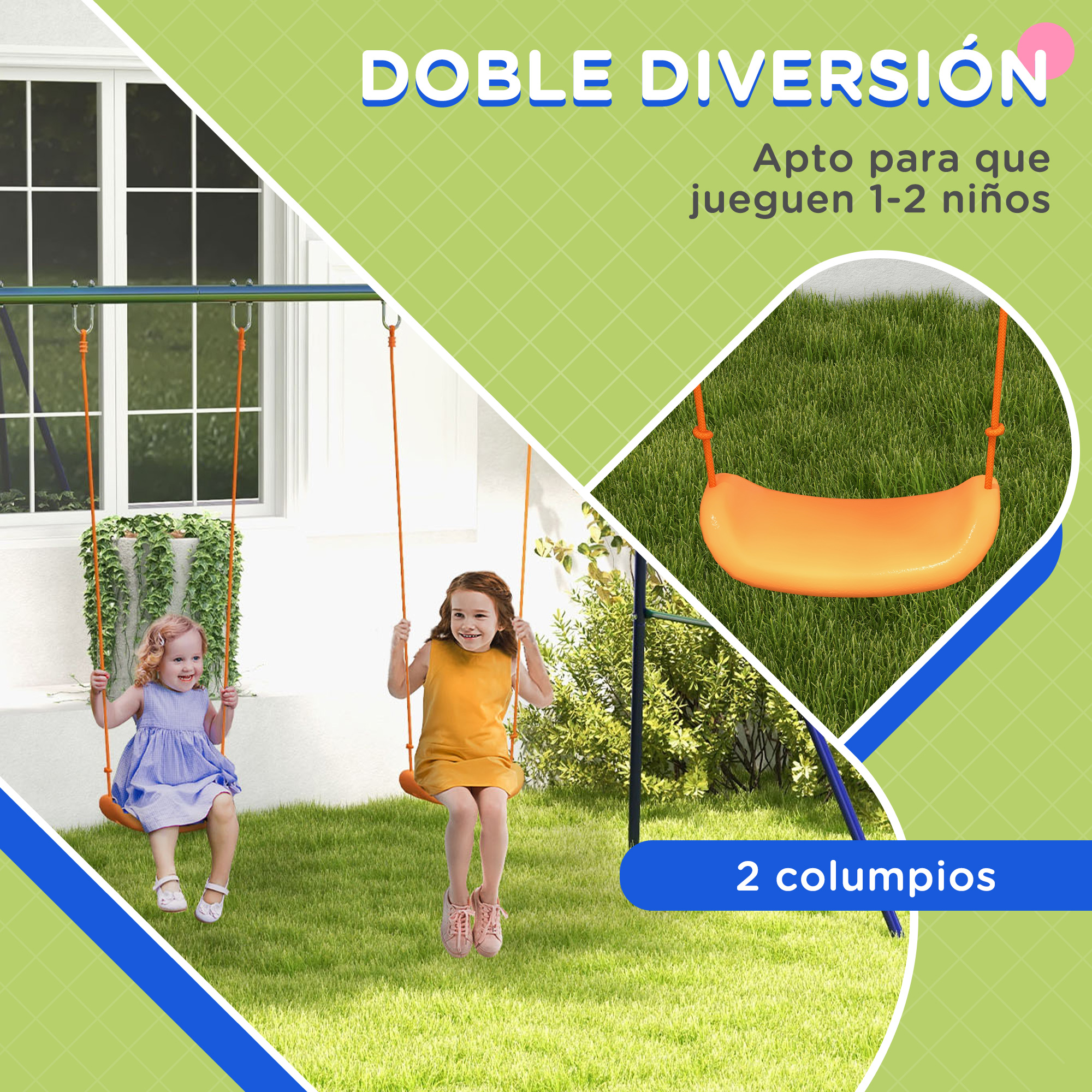 Dos niñas juegan en columpios naranjas en un patio trasero, con un enfoque en el diseño de doble diversión del columpio.