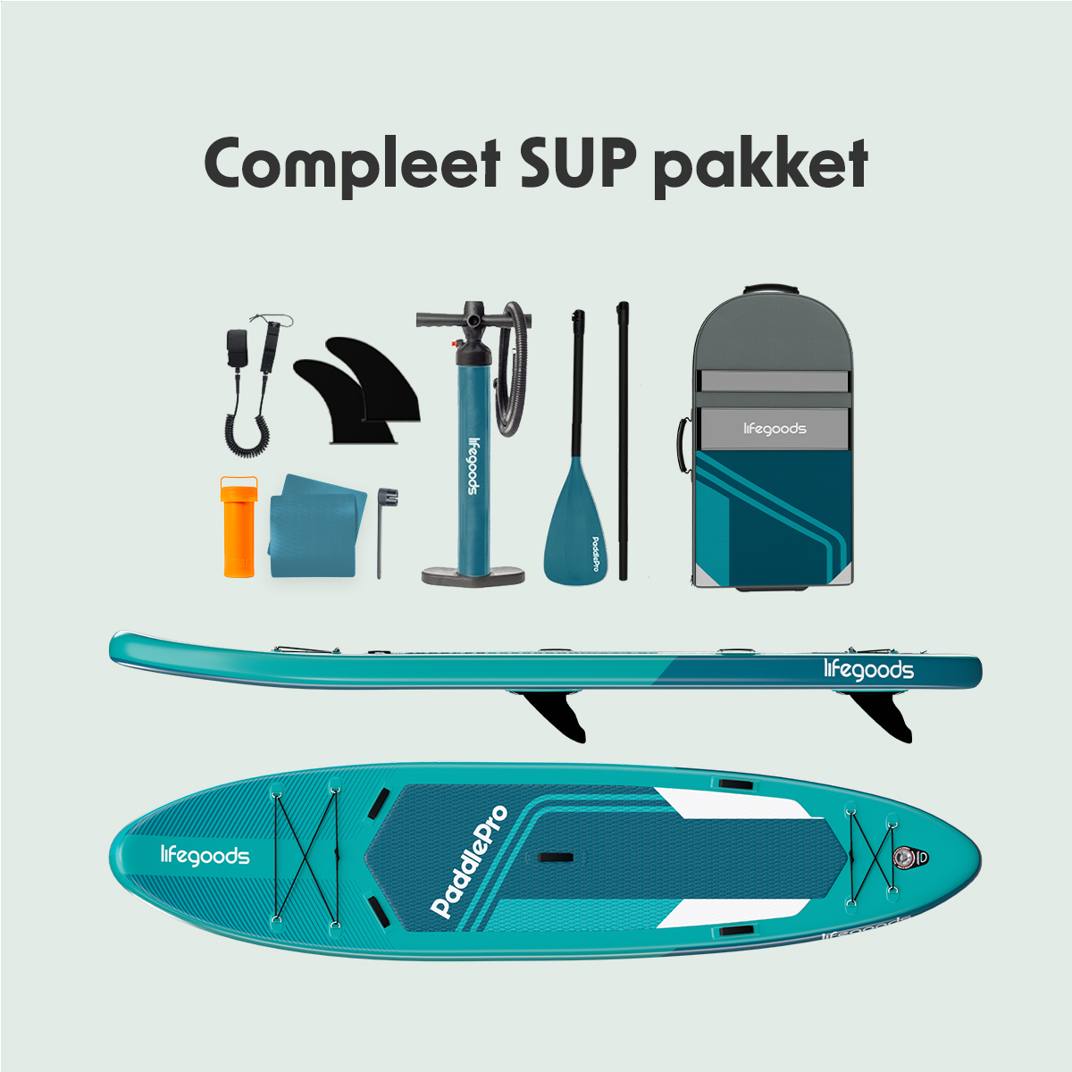 Ein komplettes türkisfarbenes Paddleboard-Set mit Zubehör wird vor einem hellen Hintergrund angezeigt und zeigt alle Komponenten.