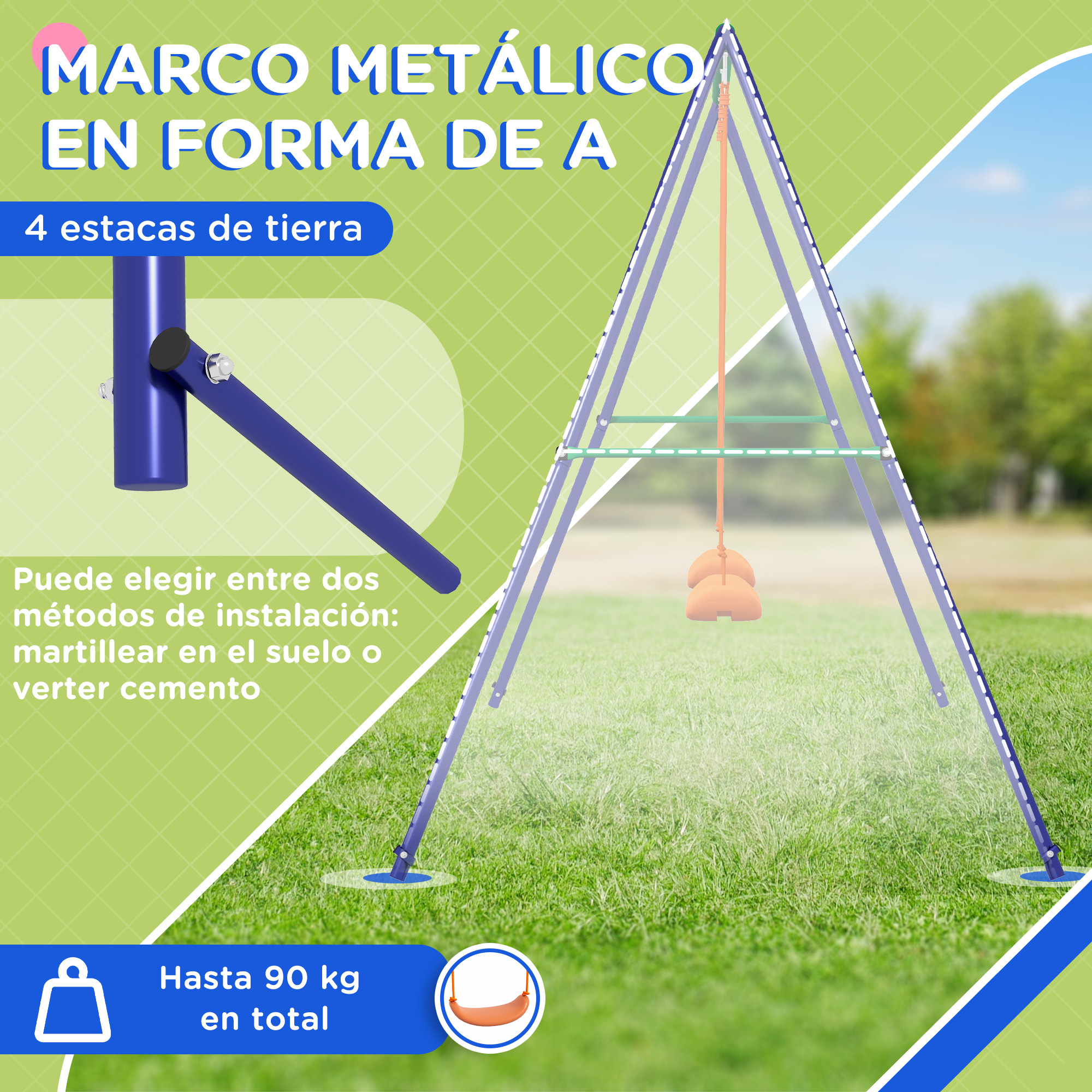 Un columpio con marco en A de metal se muestra sobre césped con dimensiones etiquetadas, destacando sus características estructurales.