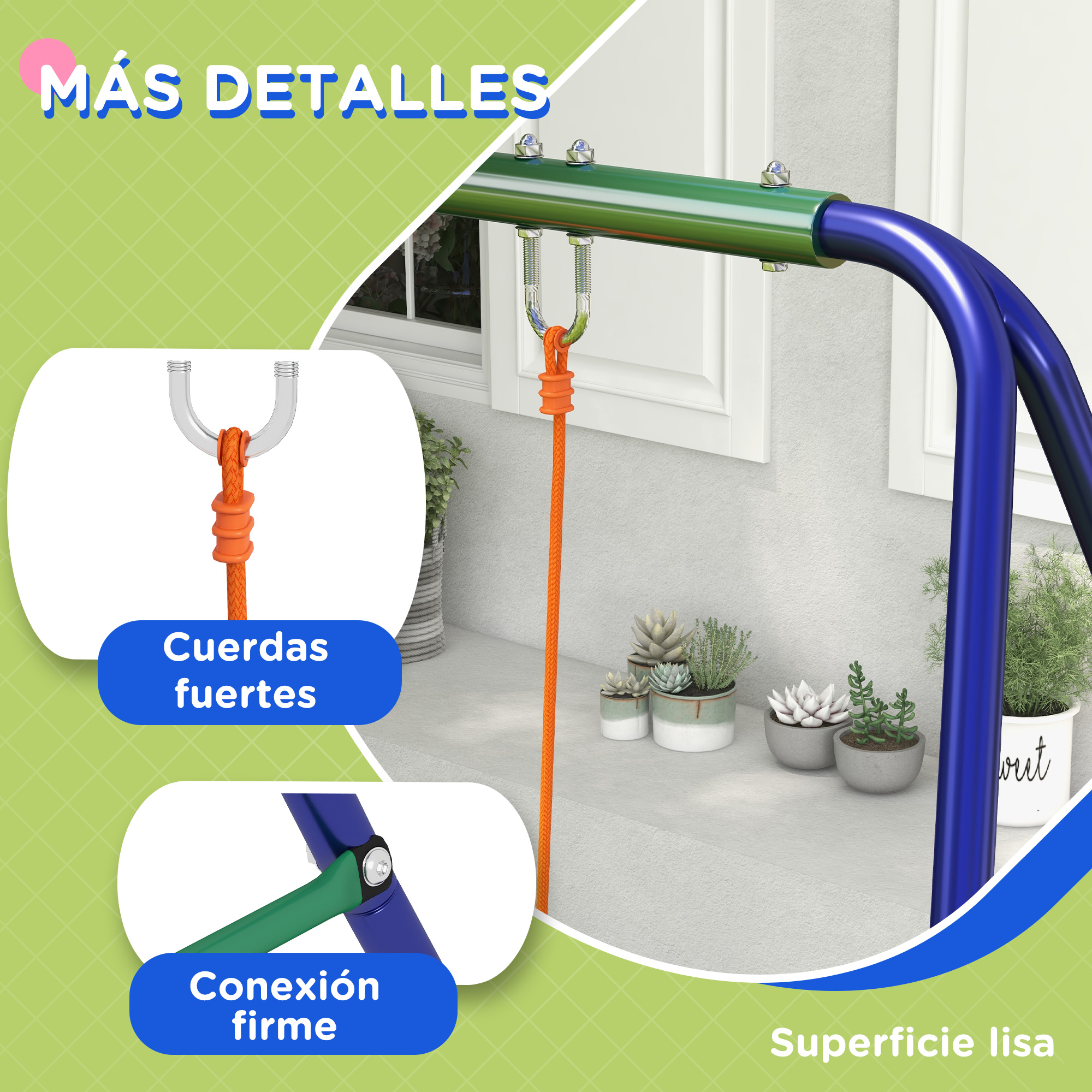 Primer plano de un columpio azul y verde con cuerdas y herrajes naranjas en un entorno al aire libre.