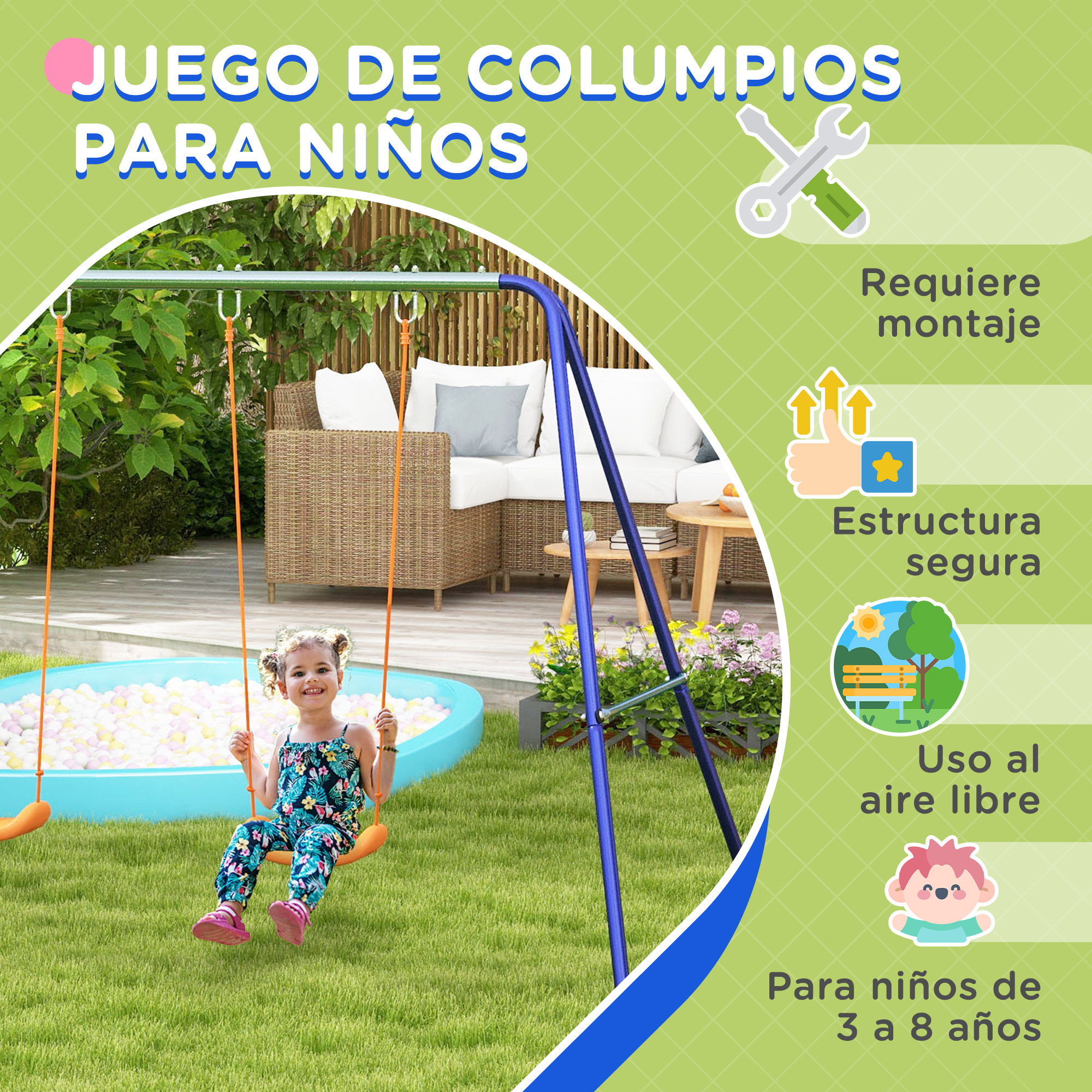 Un colorido columpio al aire libre con un niño columpiándose, rodeado de un césped verde y una configuración de patio.