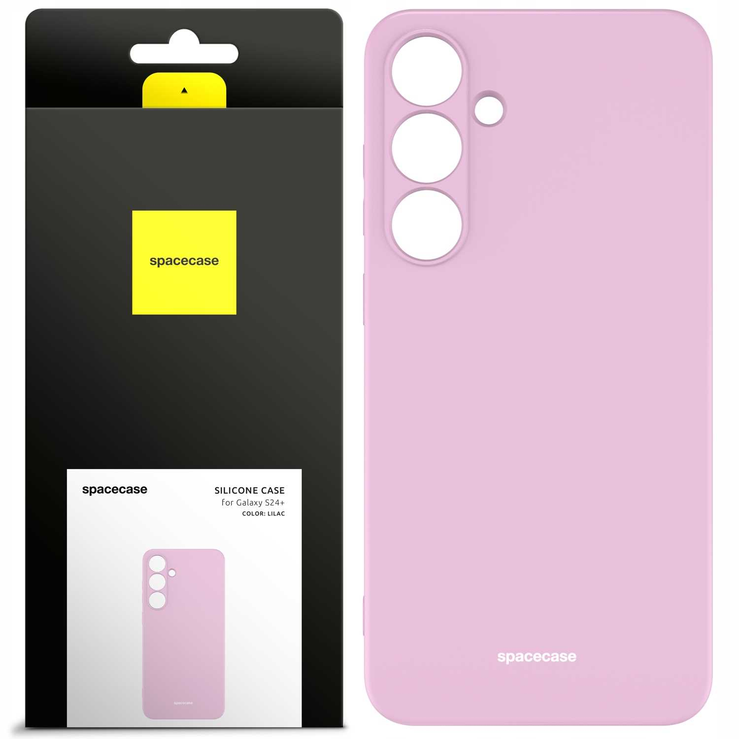 Liliowe silikonowe etui na telefon obok opakowania, z marką „spacecase” na obu przedmiotach.