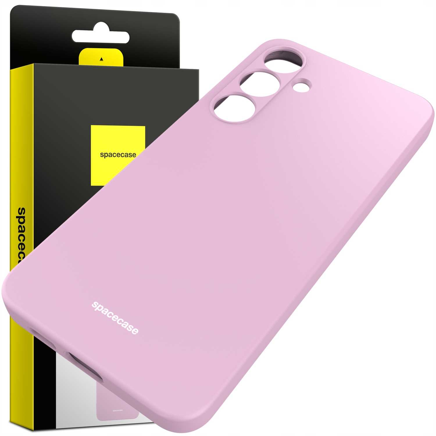 Liliowe silikonowe etui na telefon obok opakowania, z marką „spacecase” zarówno na etui, jak i na pudełku.