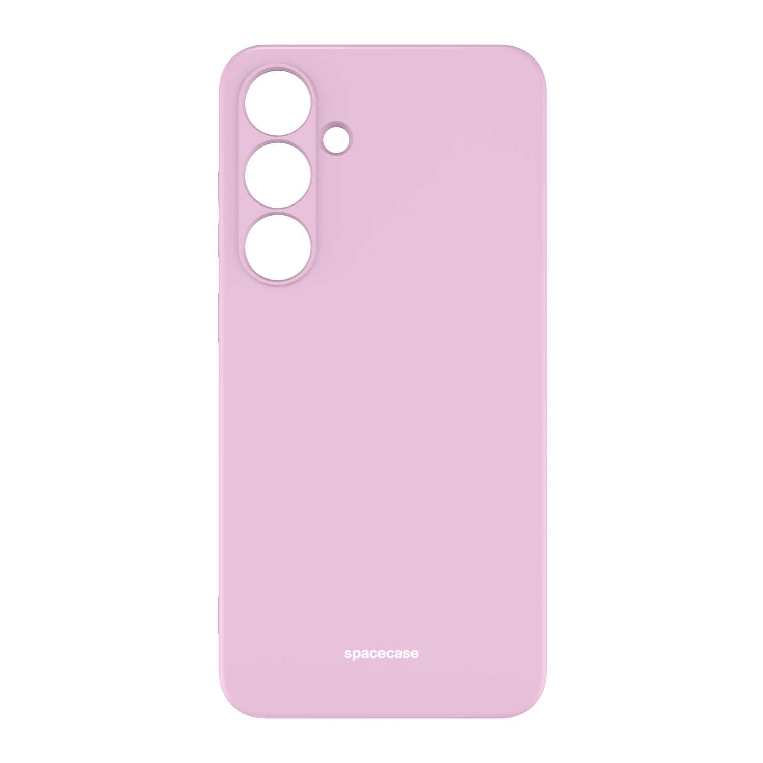 Liliowe etui na telefon z marką „spacecase”, z wycięciami na aparat i prostym, czystym designem.