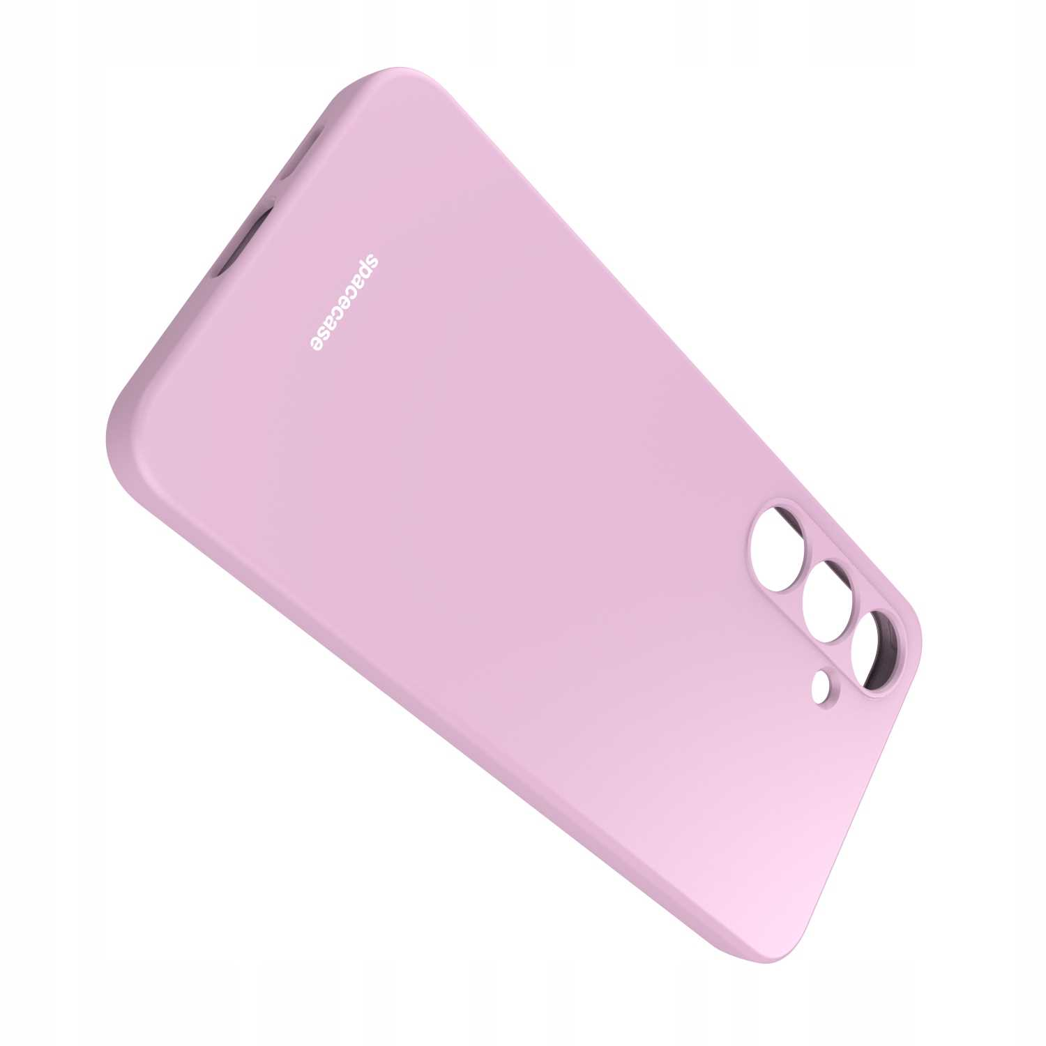 Ustawiony pod kątem widok liliowego etui na telefon „spacecase”, podkreślającego wycięcia na aparat i elegancki wygląd na białym tle.